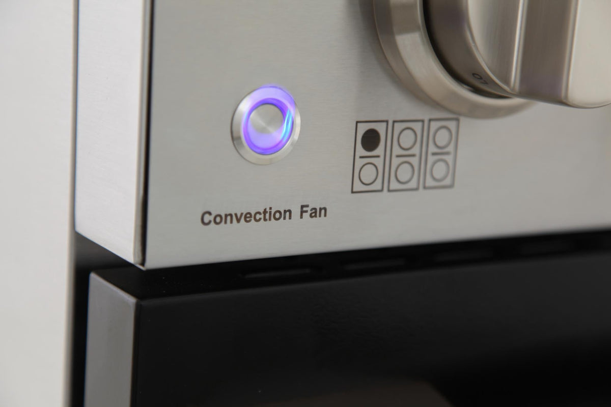 Stainless steel range control panel with convection fan button and icons