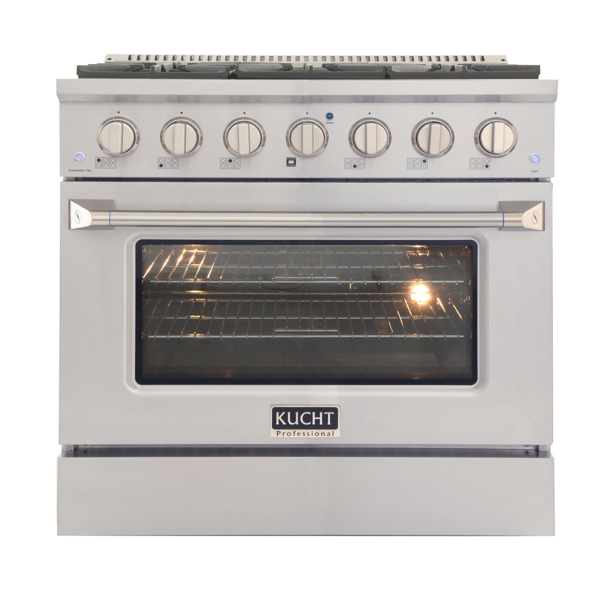 Stainless steel propane gas range with oven window and front control knobs