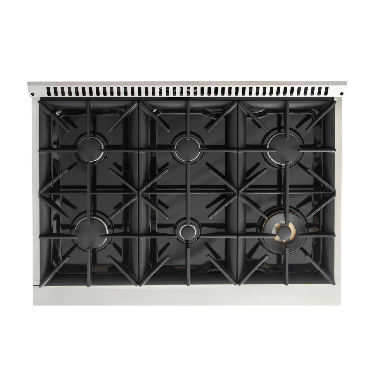 Stainless gas range cooktop with four black grates and burner rings