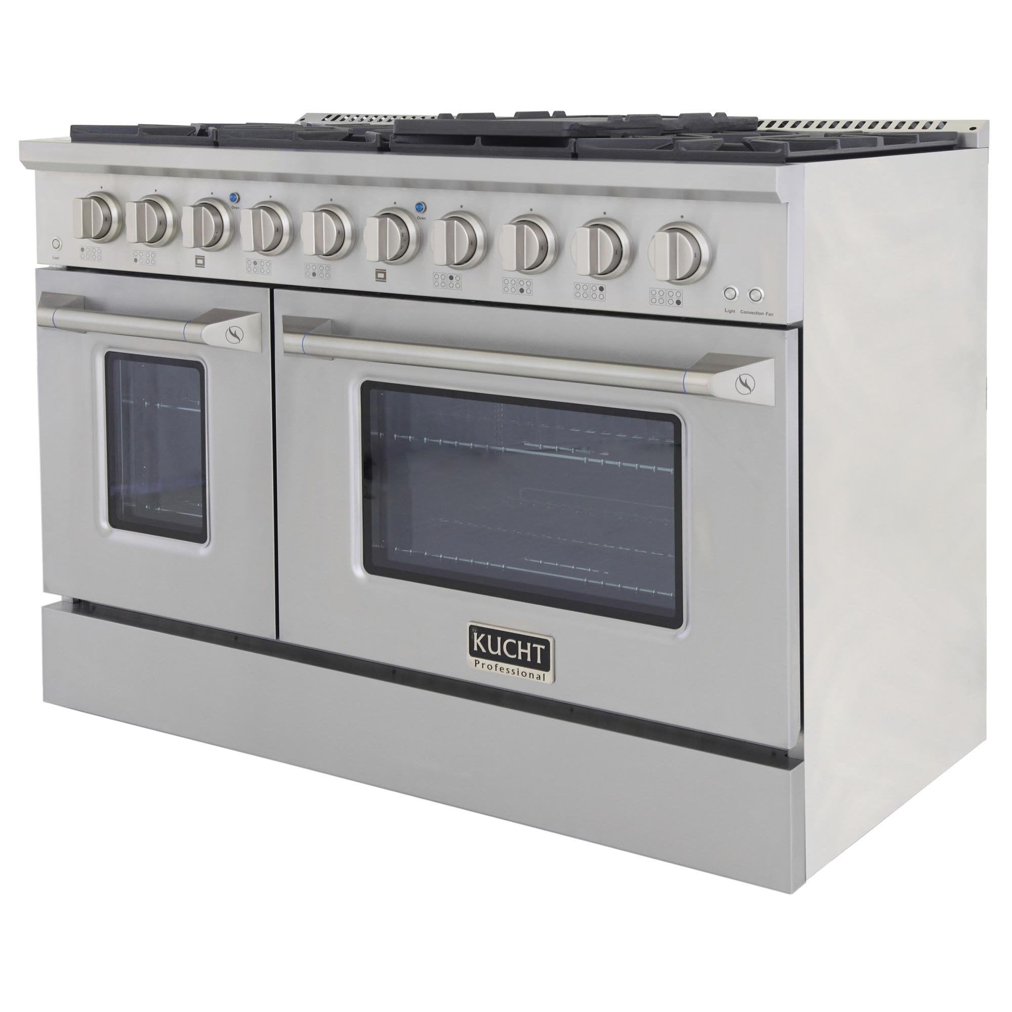Stainless steel Kucht gas range with two oven doors and front burner knobs