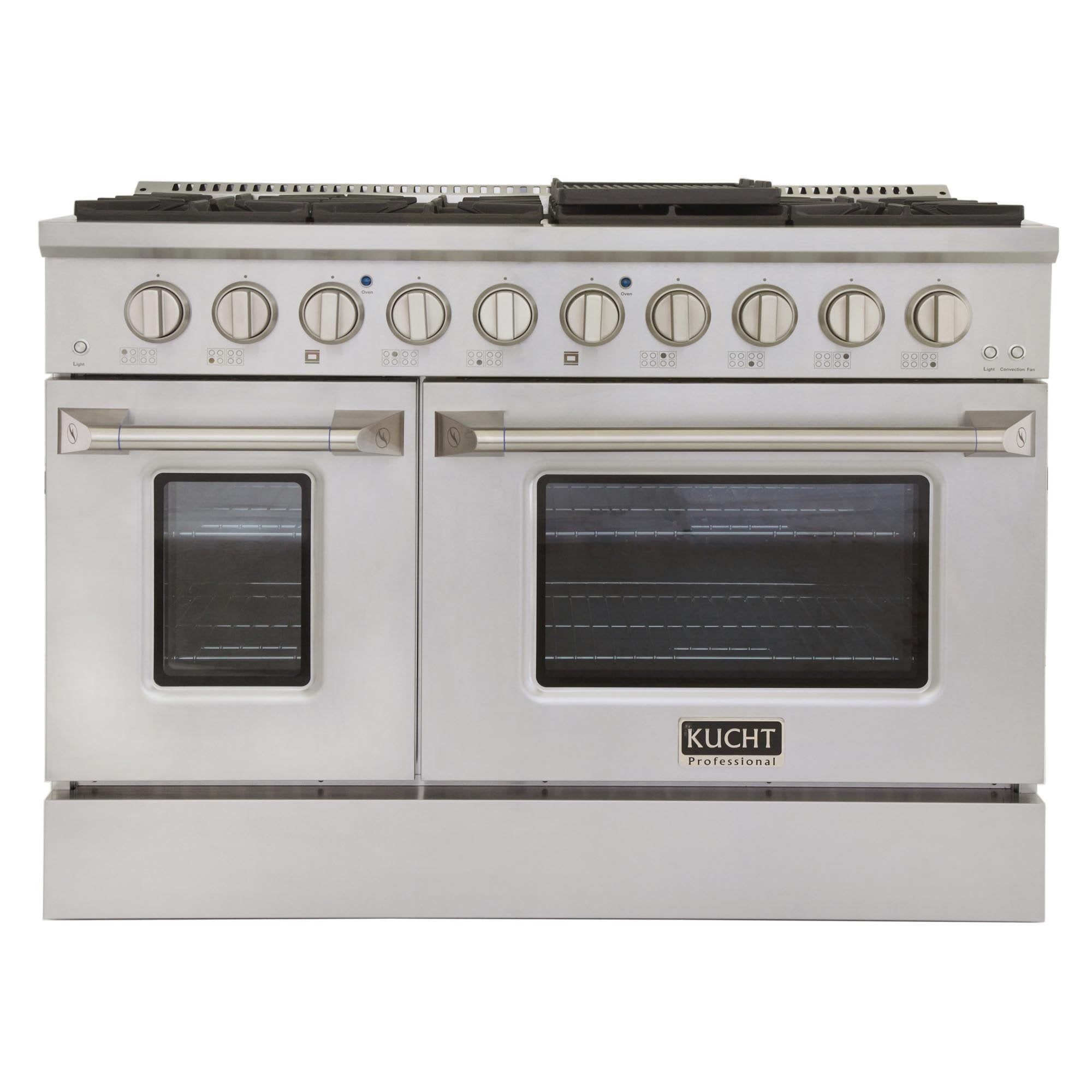 Stainless steel Kucht gas range with two oven windows and front control knobs
