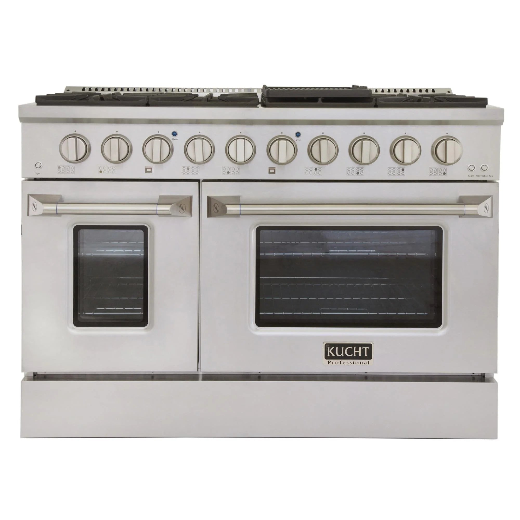 Stainless steel gas range with two oven doors, control knobs, and grates