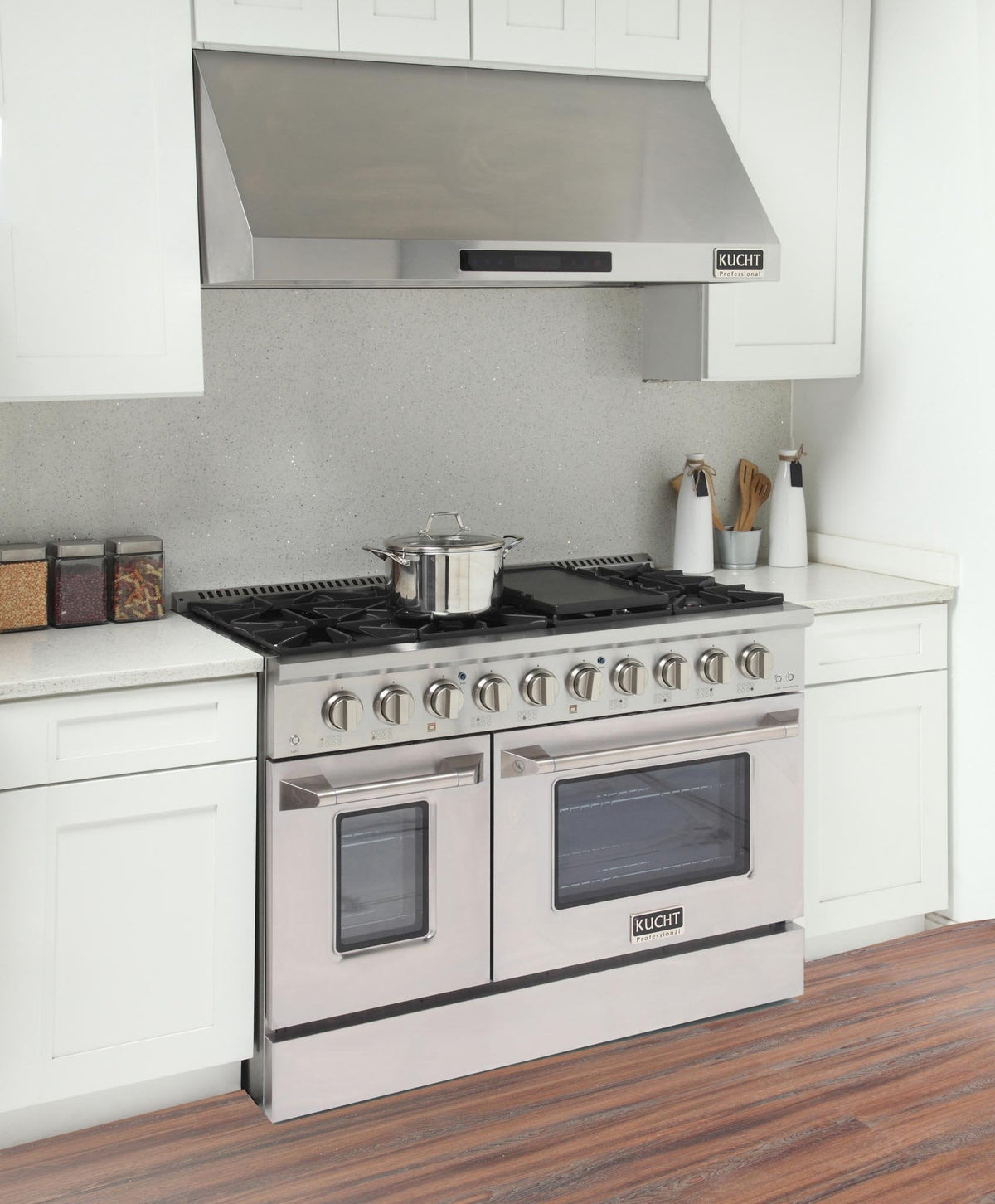 Stainless steel gas range with multiple burners and two oven doors
