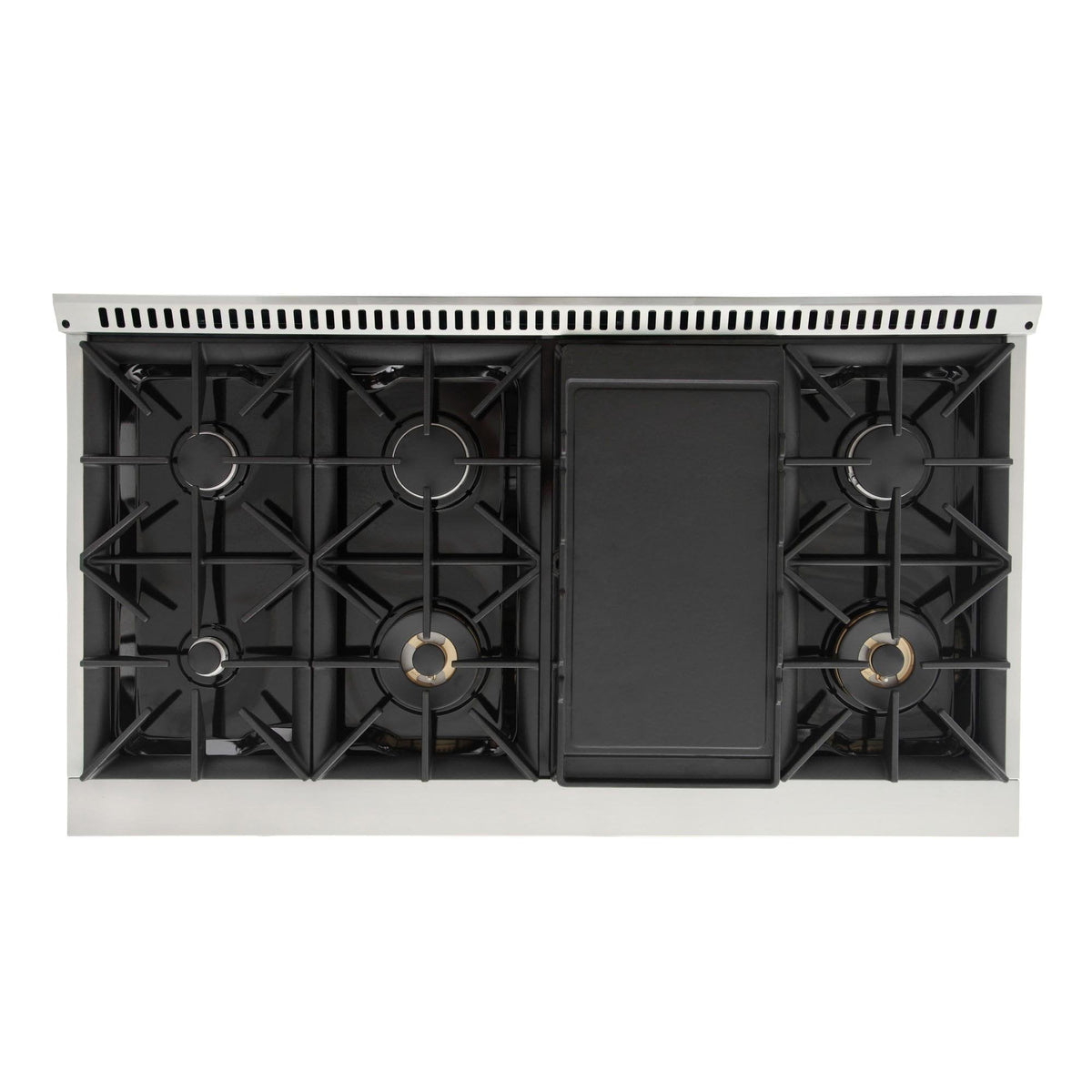 Gas range underside view with black grates and front panel