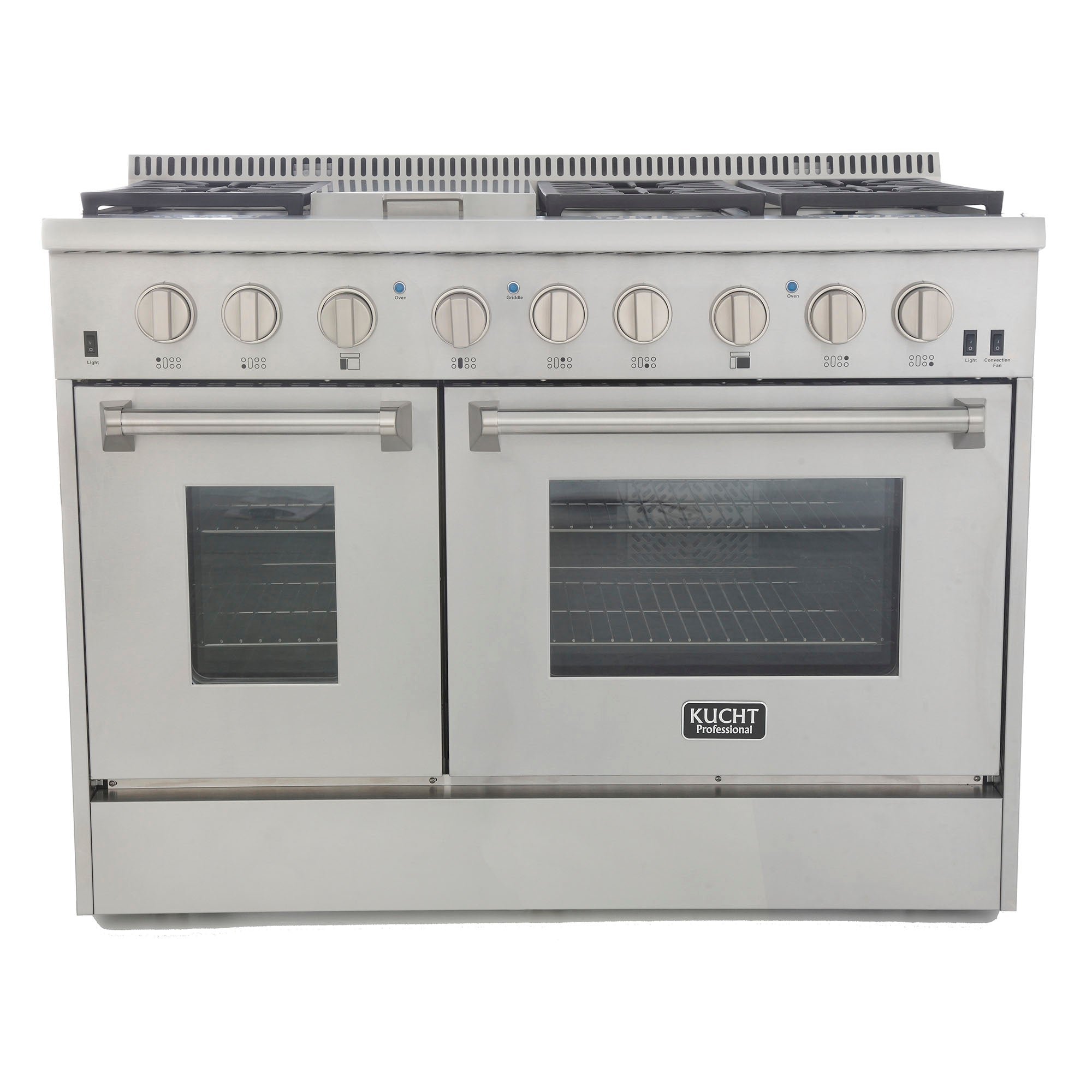 Stainless propane gas range with oven doors, burner grates, and front control knobs