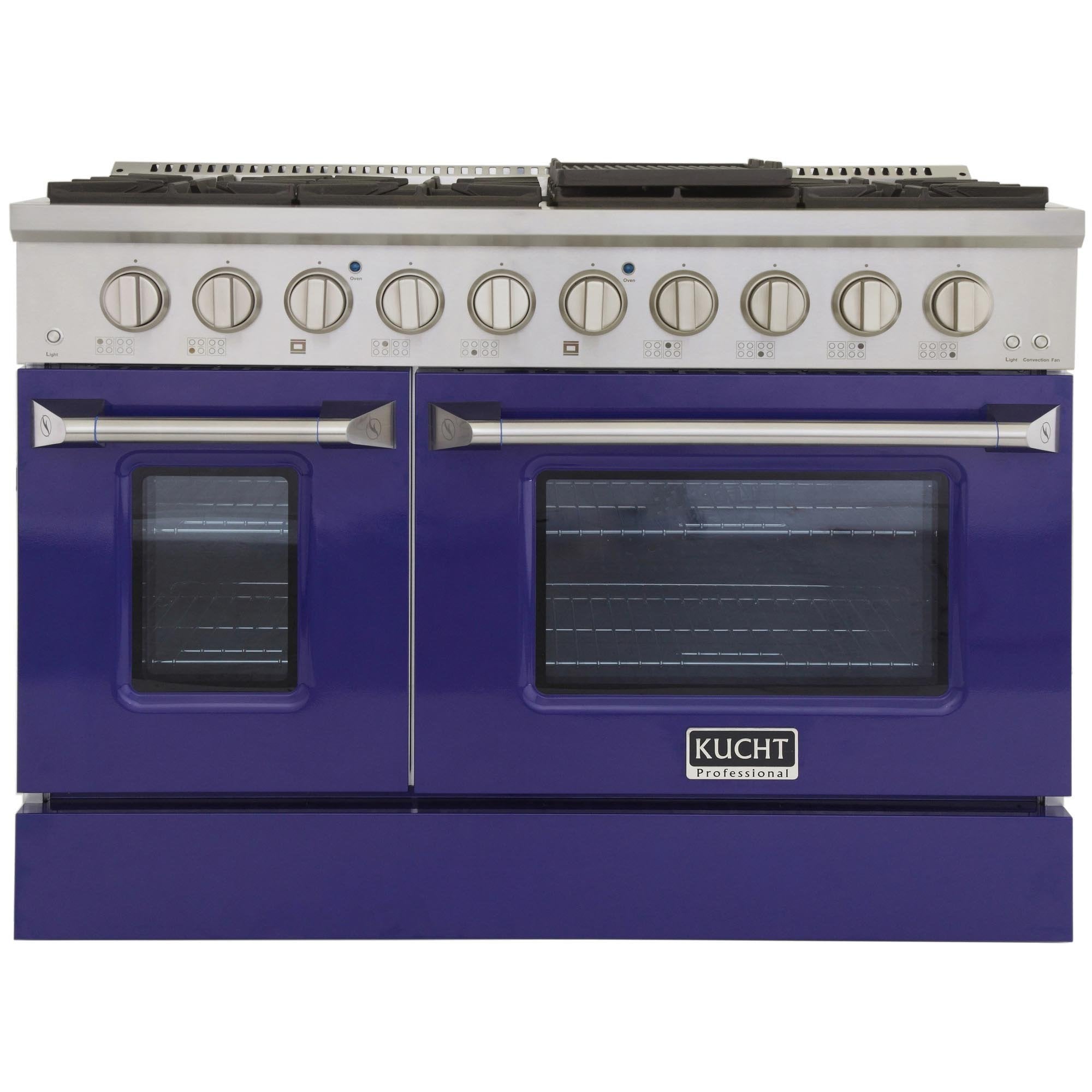 Blue Kucht propane gas range with dual oven doors and front control knobs