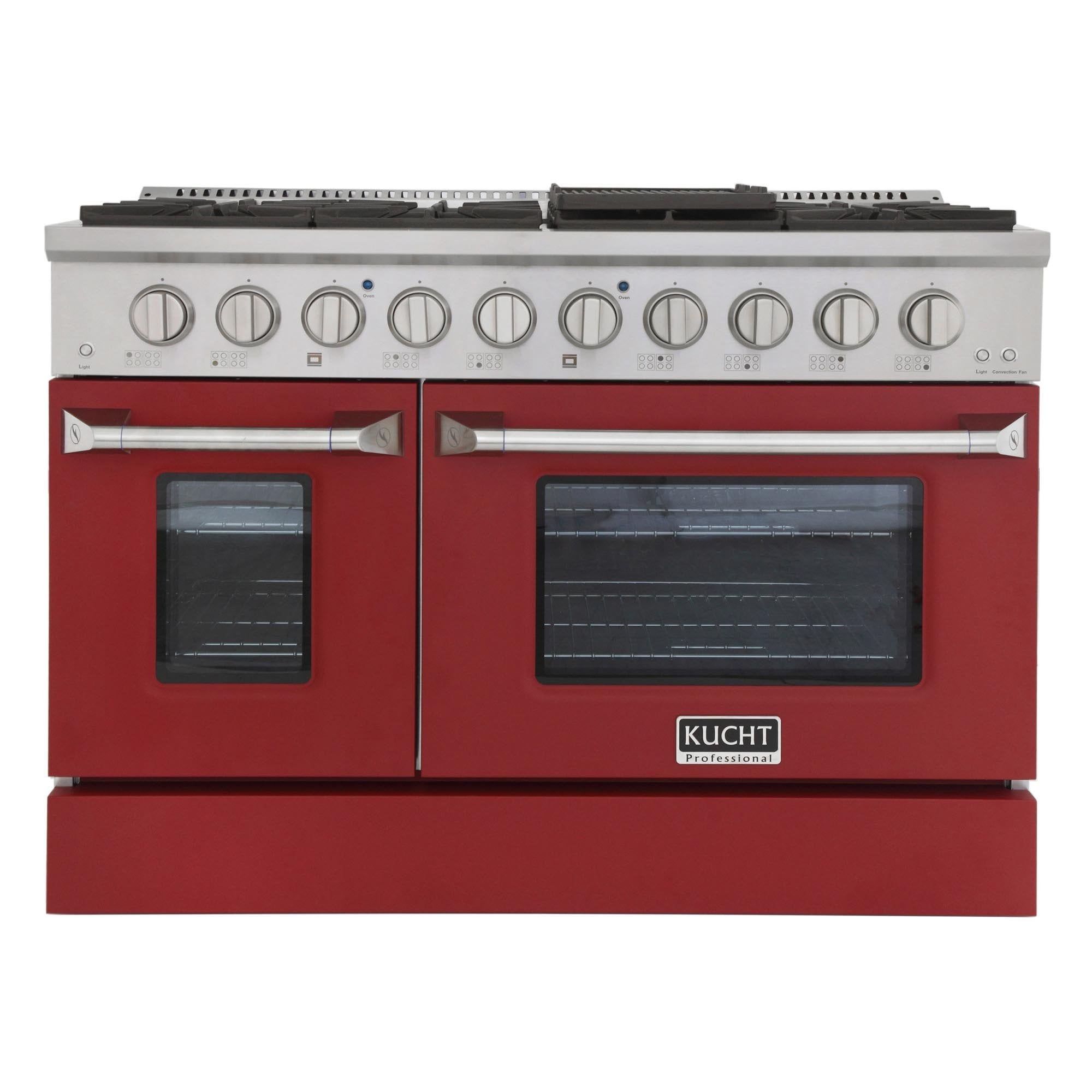 Red propane gas range with 6-burner cooktop, knobs, and two oven doors