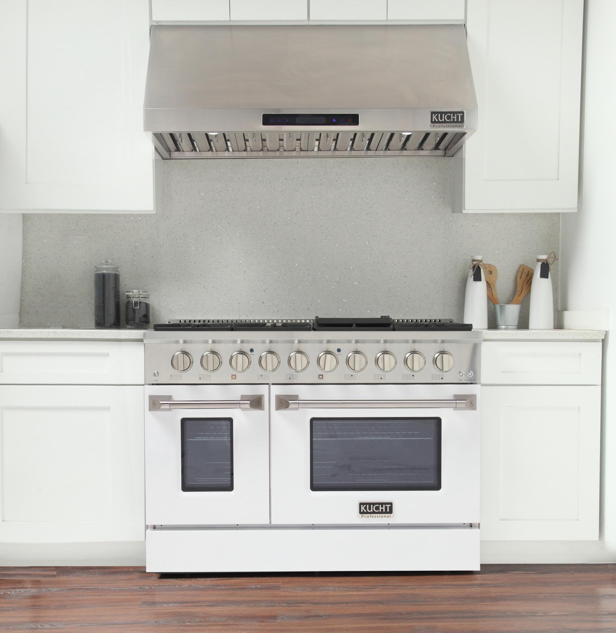 White propane gas range with six burners, two oven windows, and front handle