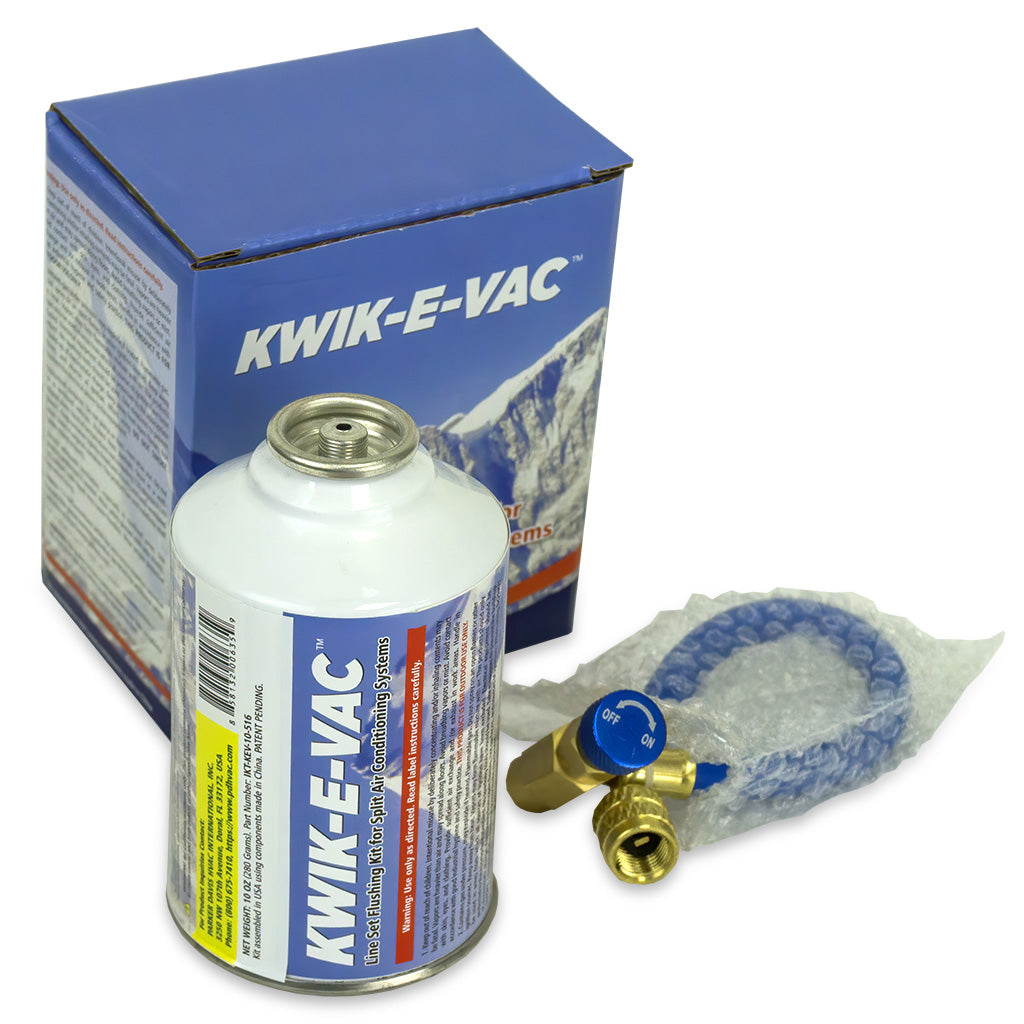 Mini-split flushing kit set with canister, box, blue hose, and filter bag