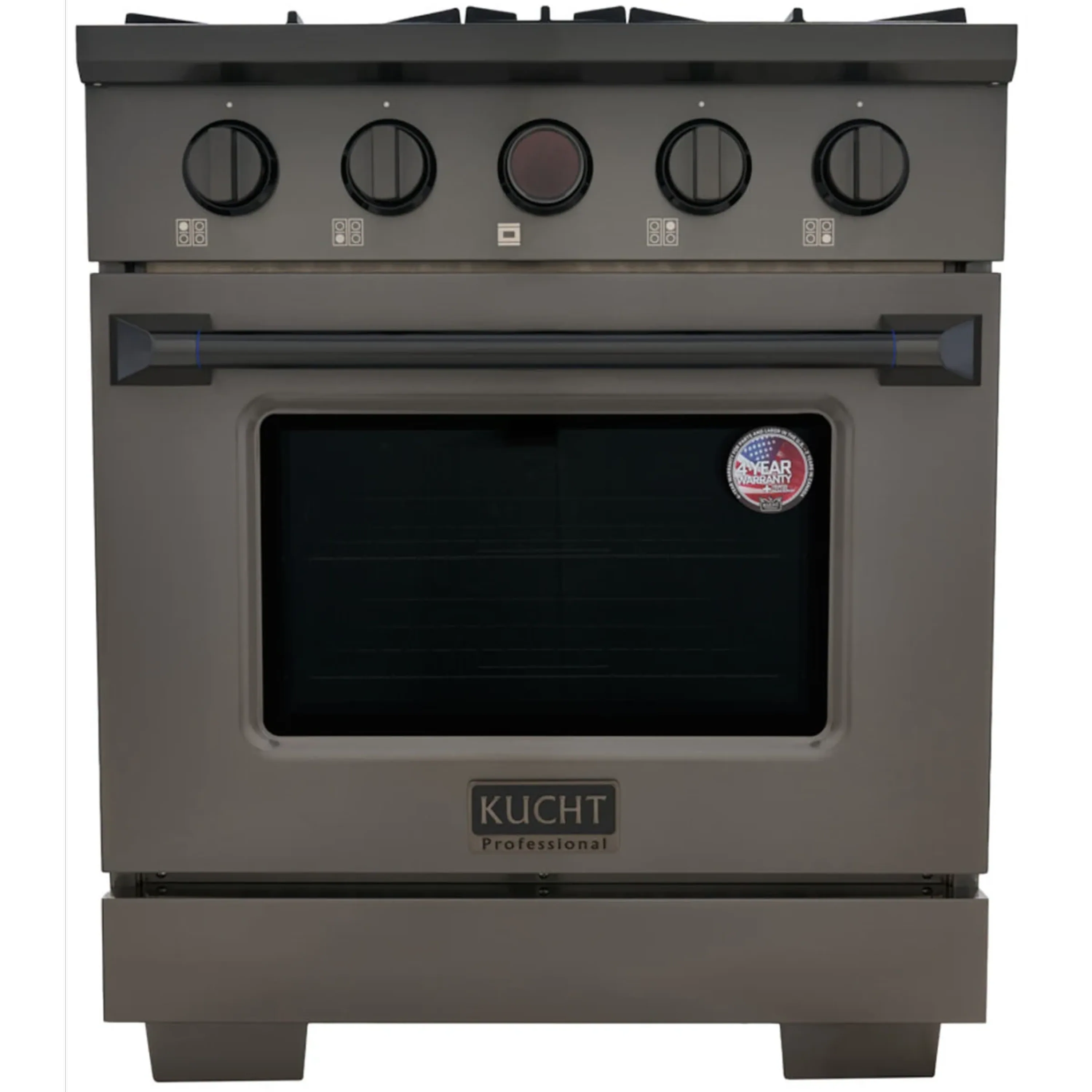 Titanium stainless gas dual-fuel range front with oven window and Kucht badge