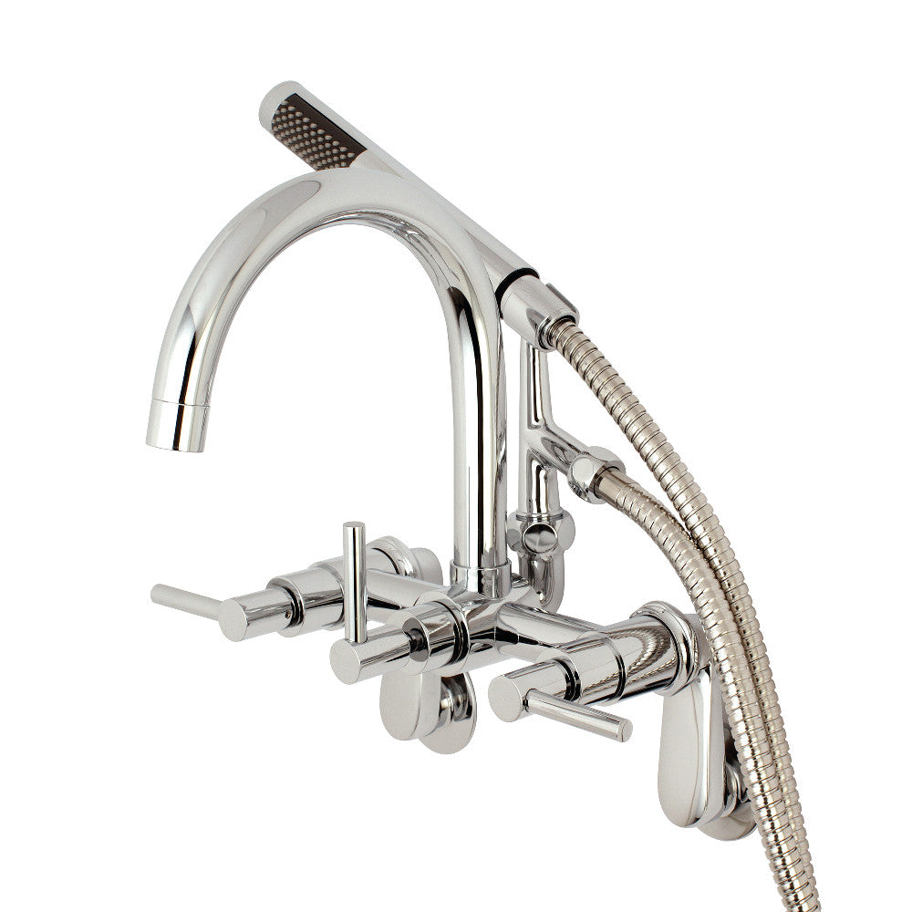 Polished chrome wall-mount tub faucet with adjustable handle and hand shower hose