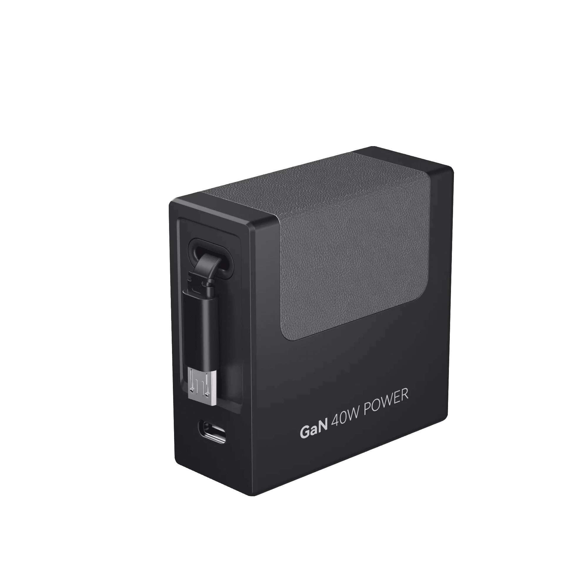 Black GaN 40W retractable charger, close-up of side cable connector