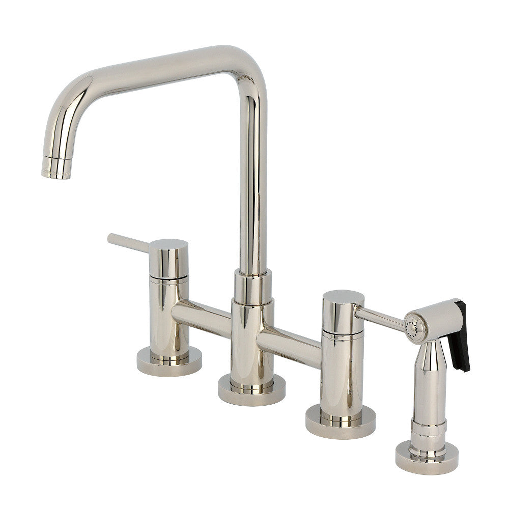 Polished nickel 3-hole kitchen bridge faucet with side sprayer and two handles