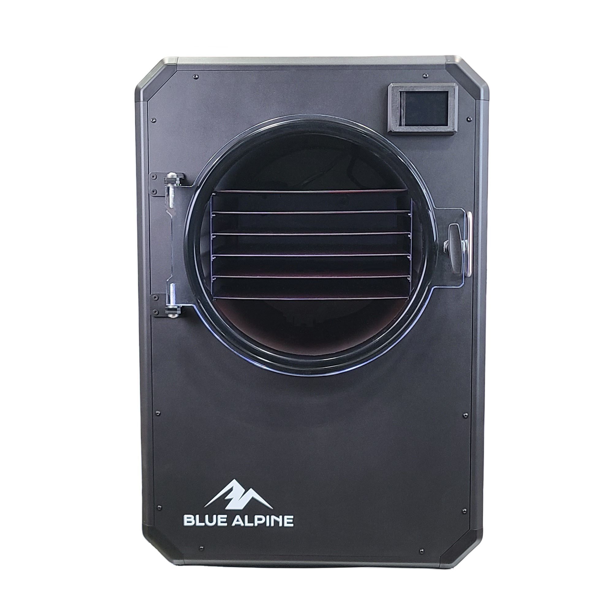 Dark large freeze dryer with round loading door, black interior shelf racks, and control display