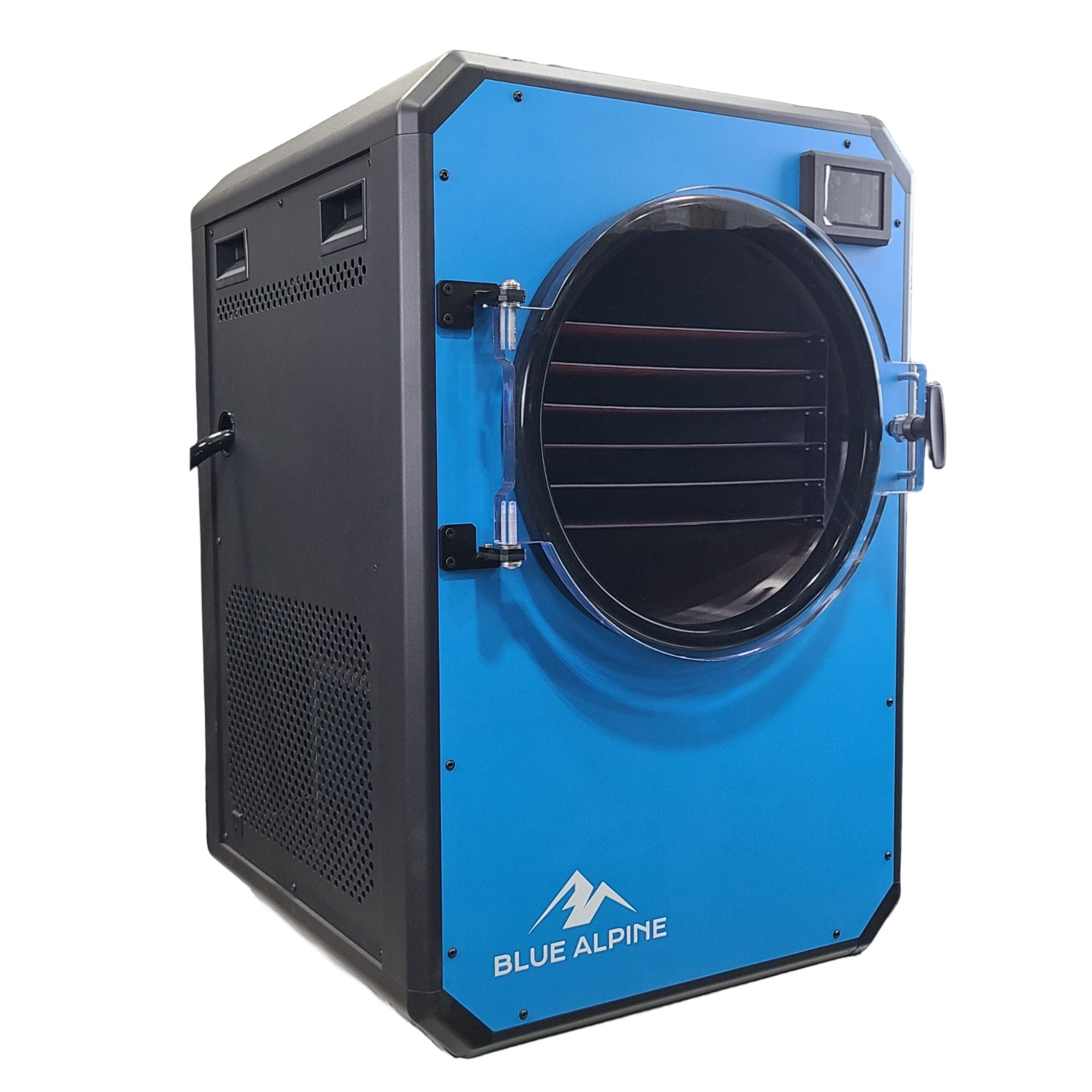 Blue and black large freeze dryer with round loading door and vented front panel