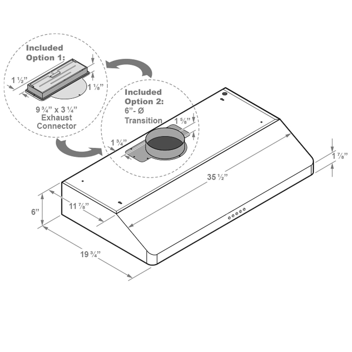 Stainless under-cabinet range hood dimensions diagram with exhaust connector openings