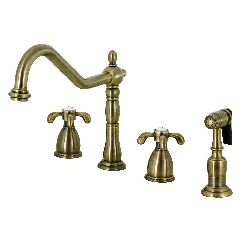Antique brass widespread kitchen faucet set with handles and brass sprayer