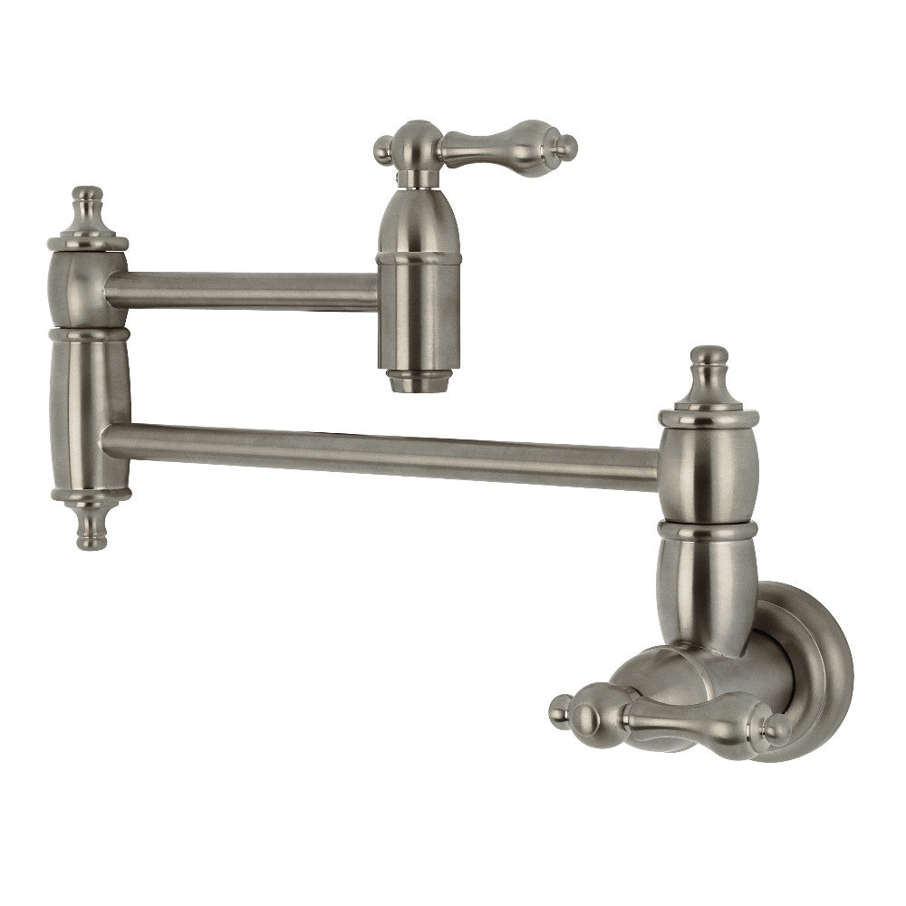 Wall-mounted pot filler faucet in brushed nickel with two side spouts