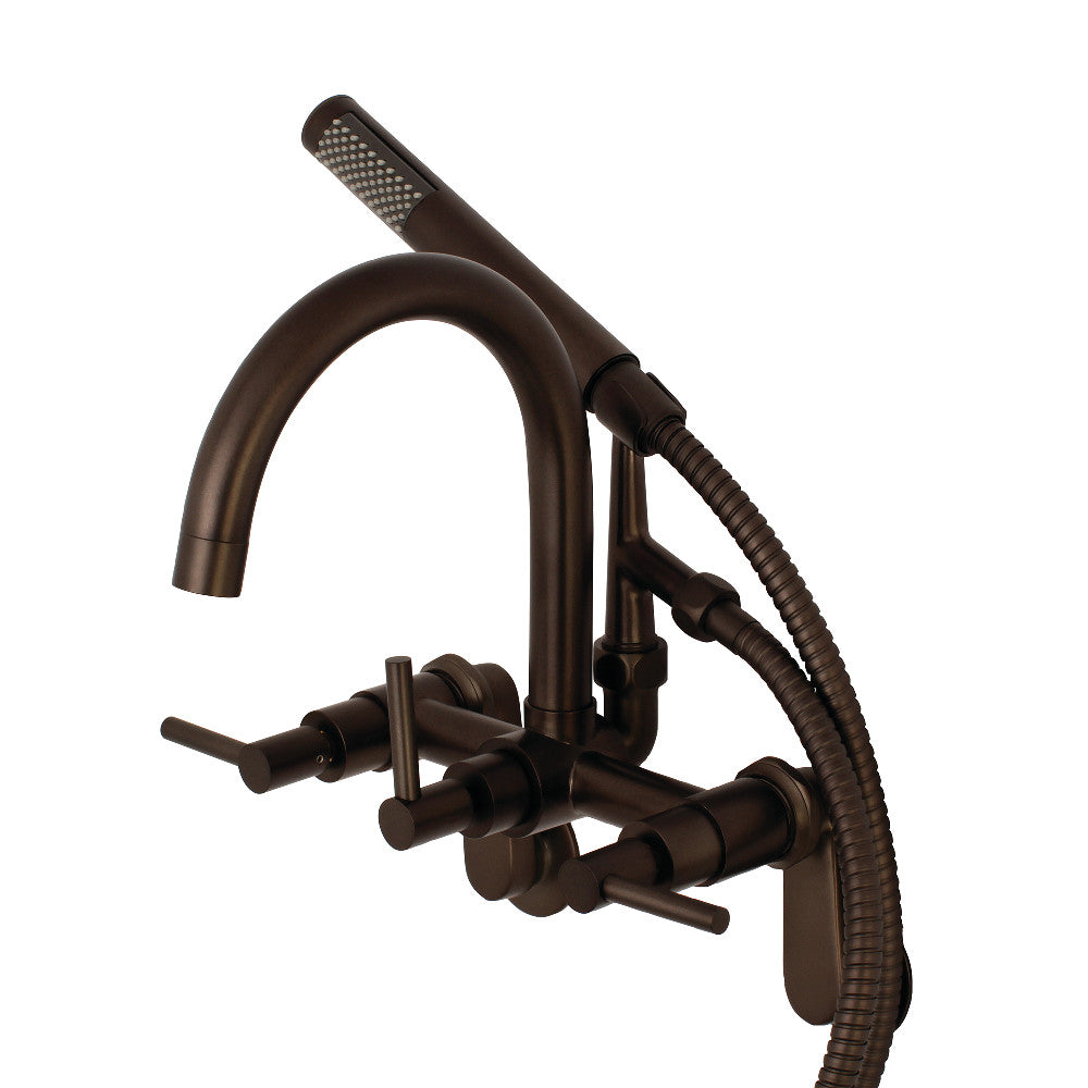 Oil-rubbed bronze wall-mount tub faucet with showerhead, flexible hose, and cross handles