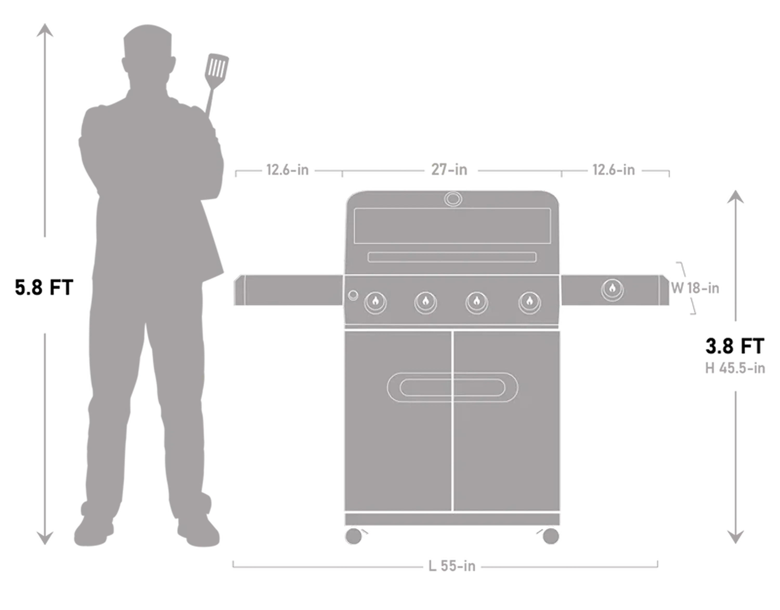 4-burner grill dimensions diagram on wheeled cart