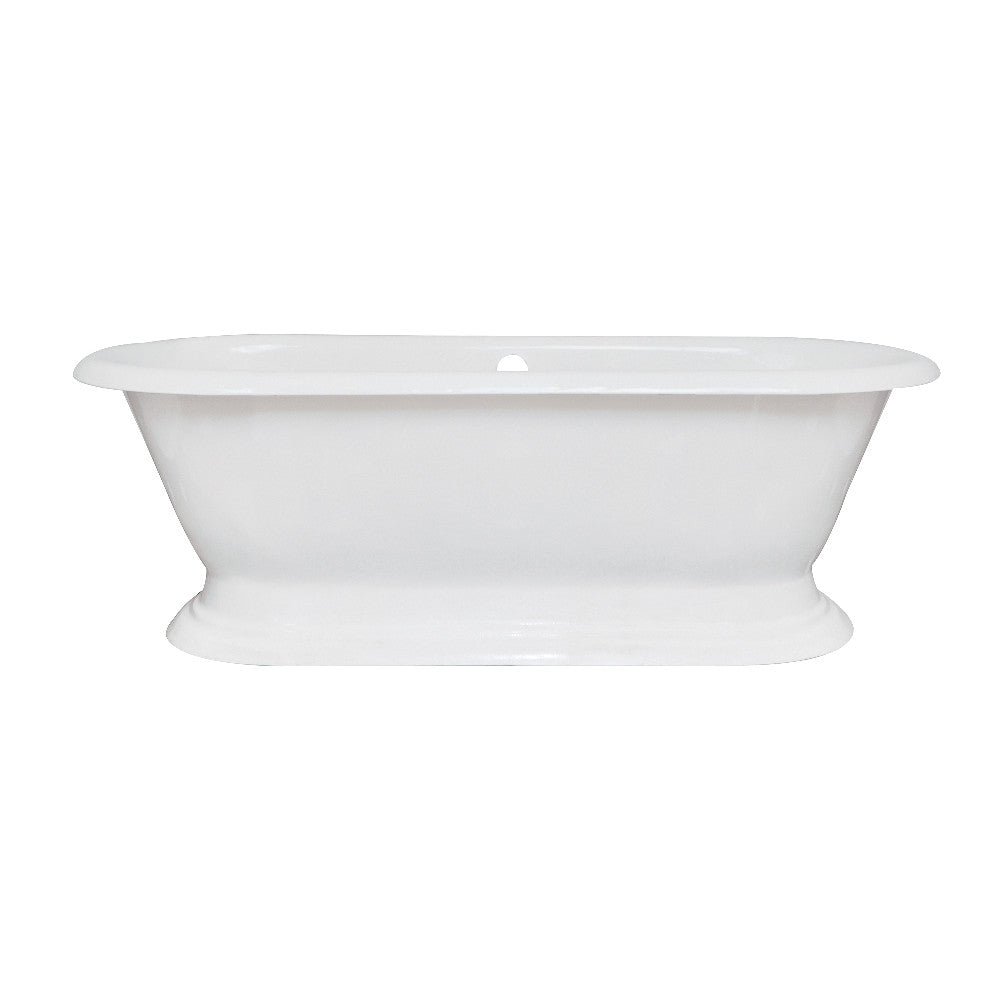 White oval cast iron pedestal bathtub with smooth rolled rim, no faucet openings