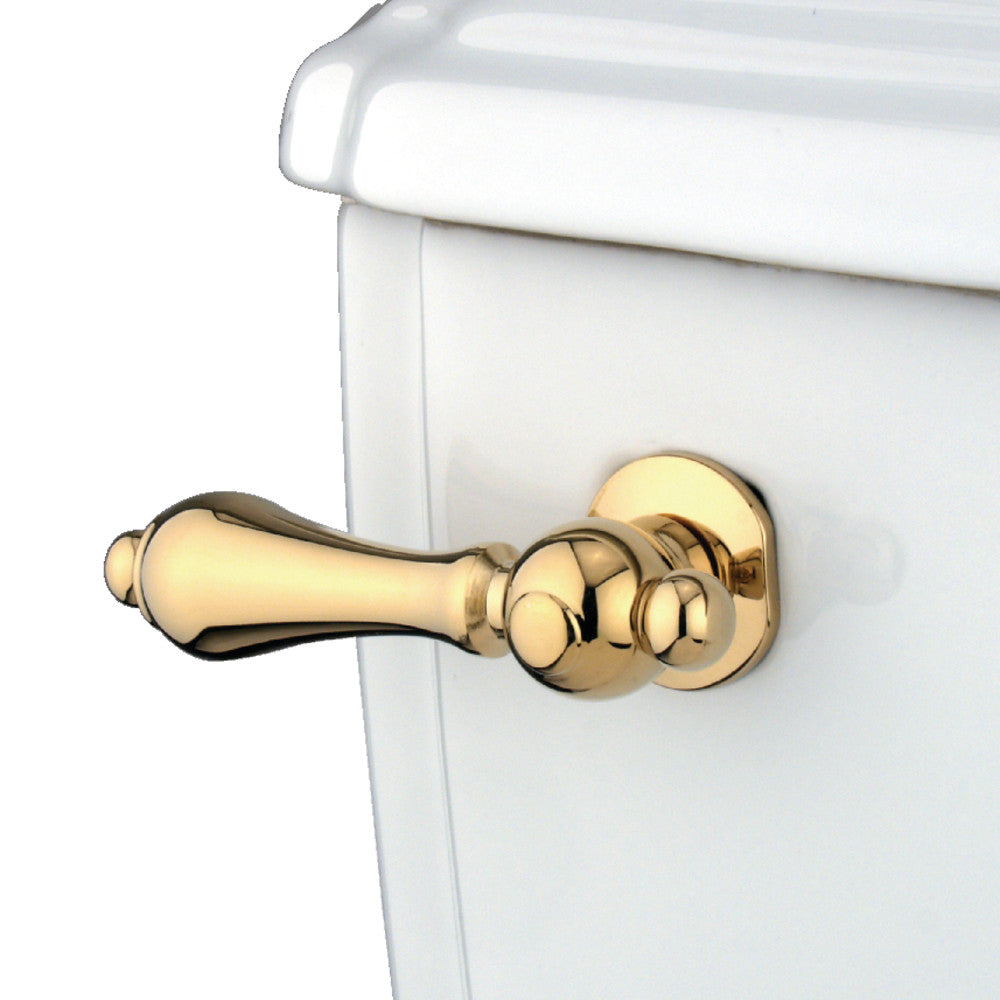 Polished brass front-mount toilet tank lever with round pull handle