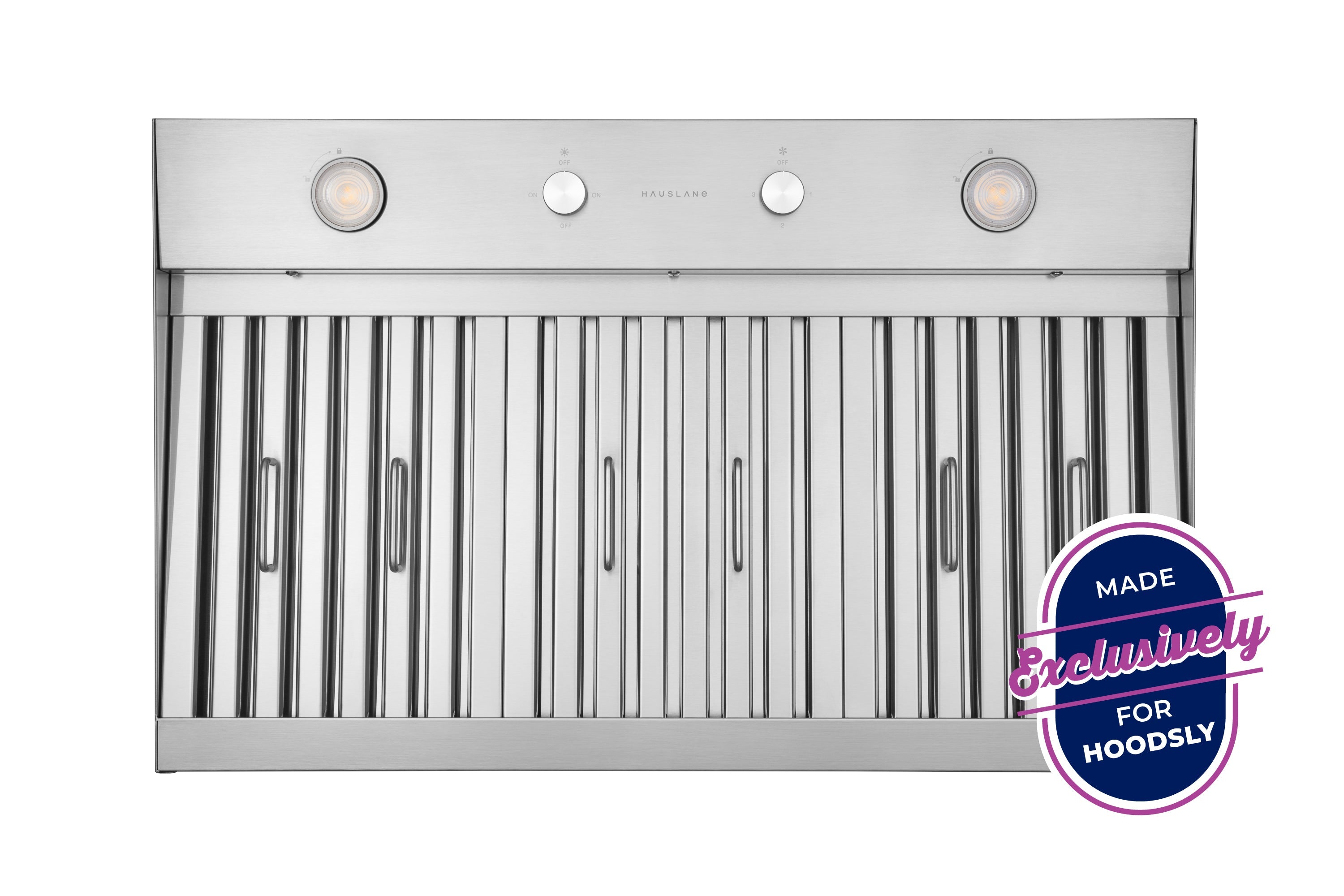 Stainless steel under-cabinet range hood with front vent slats and control knobs.
