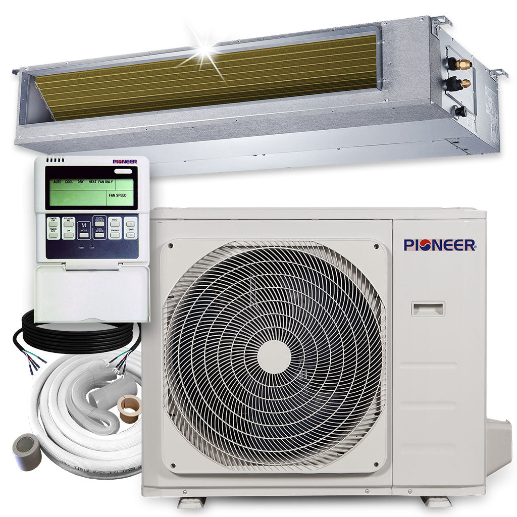 Slim-duct indoor air handler unit with front grille and service connections, gray metal