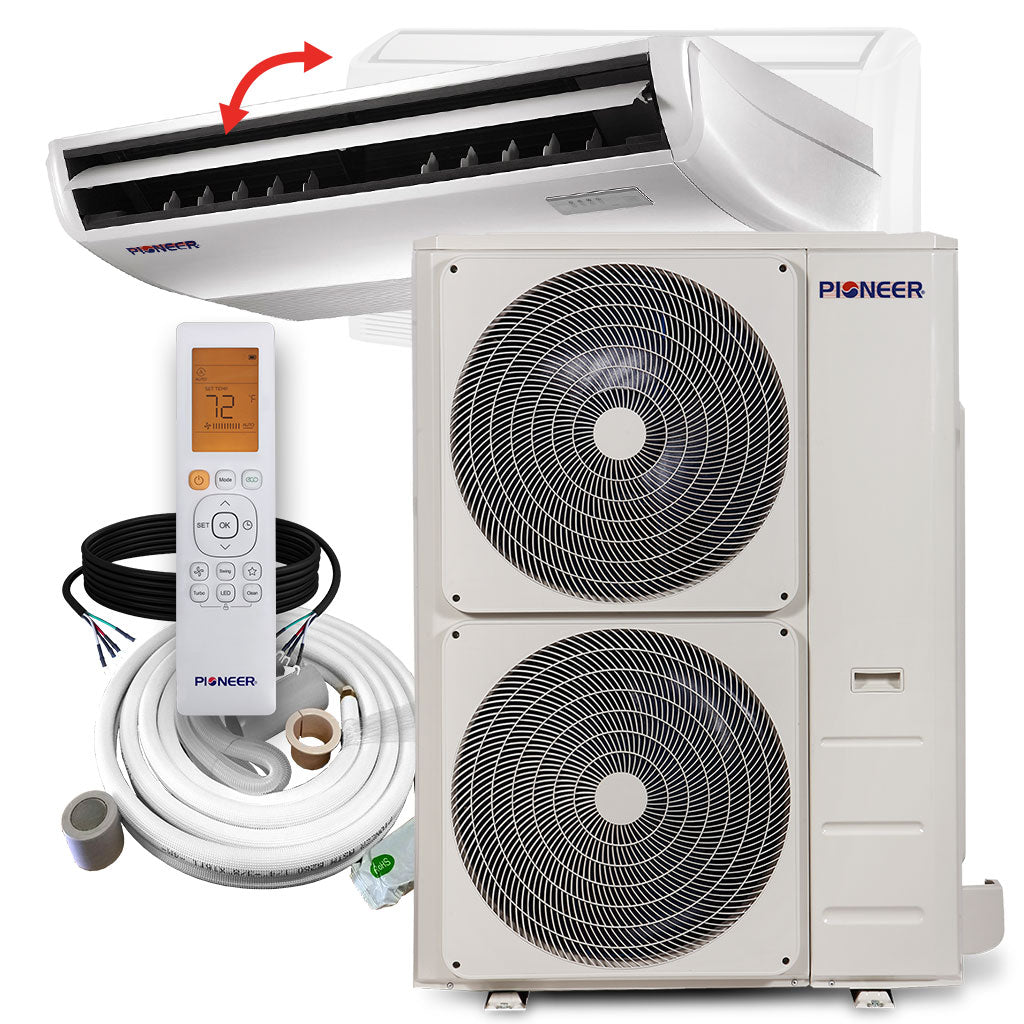 Pioneer Quantum Ultra split air conditioner with indoor unit, outdoor unit, remote, and tubing kit