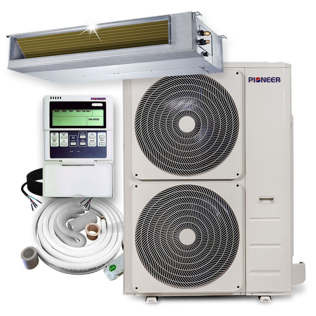 Ductless mini-split heating and cooling system with slim indoor unit and outdoor unit