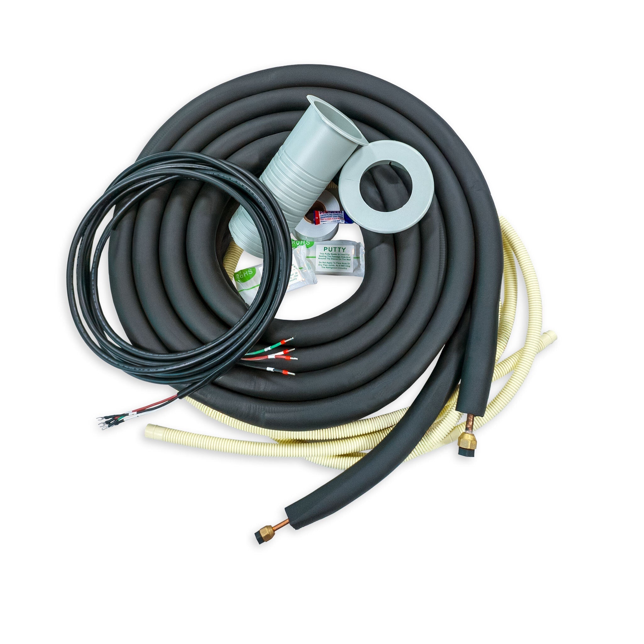 Refrigerant lineset kit with gray insulated hoses, mounting rings, and fittings