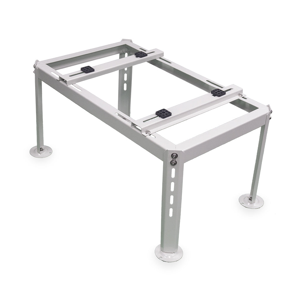 Gray metal floor stand bracket with four adjustable legs for mini split outdoor units