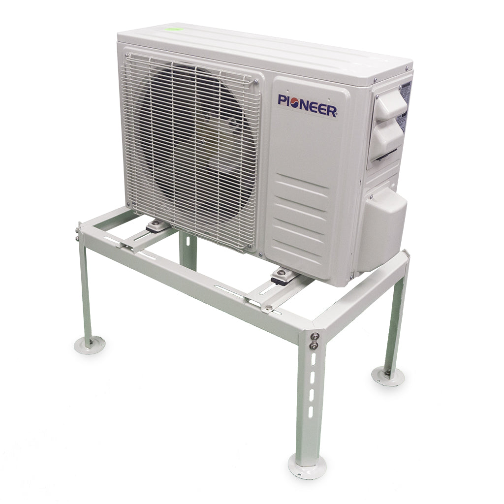 Outdoor mini split floor stand bracket with condenser sitting on rails