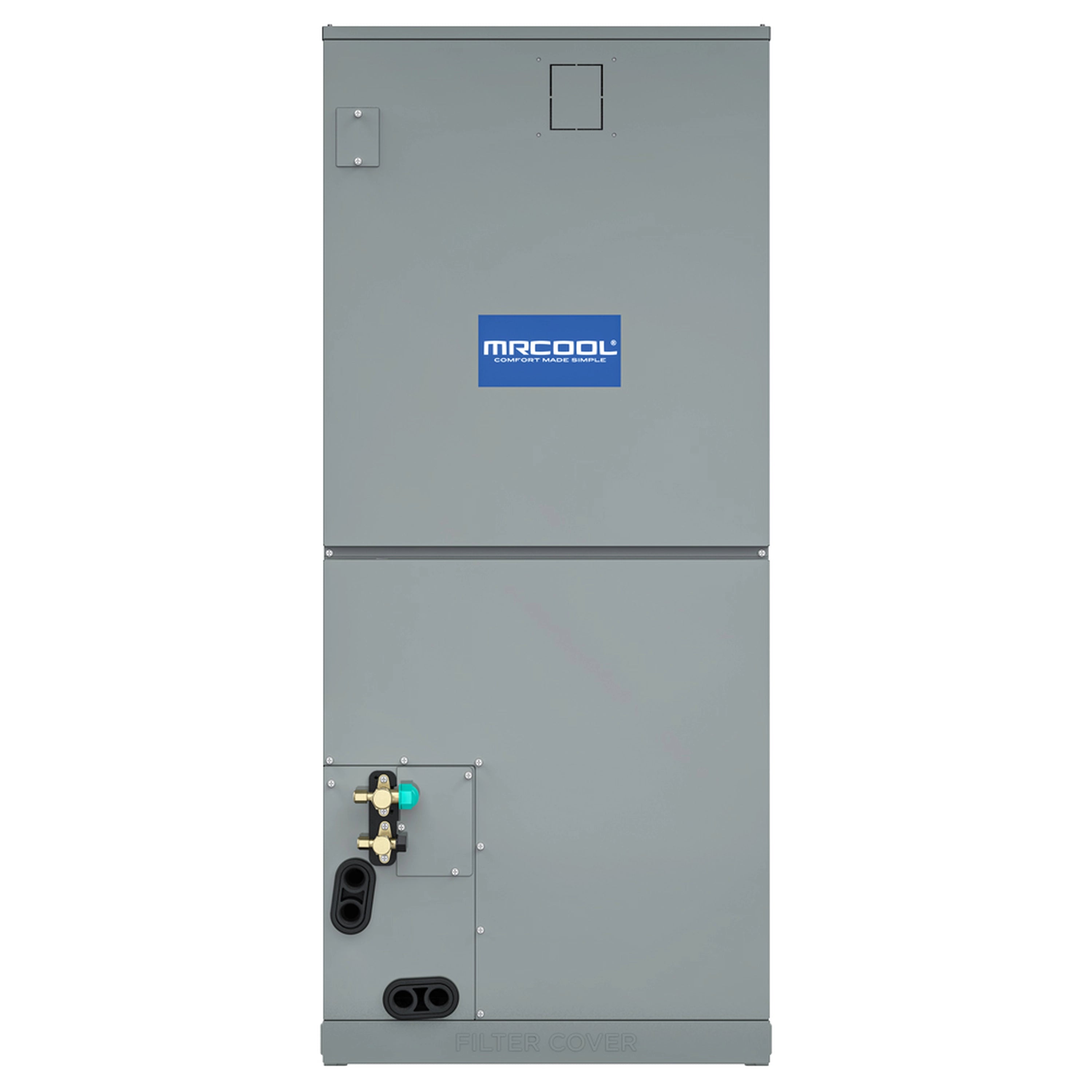 MRCOOL ducted air handler cabinet with front service manifold and gray housing