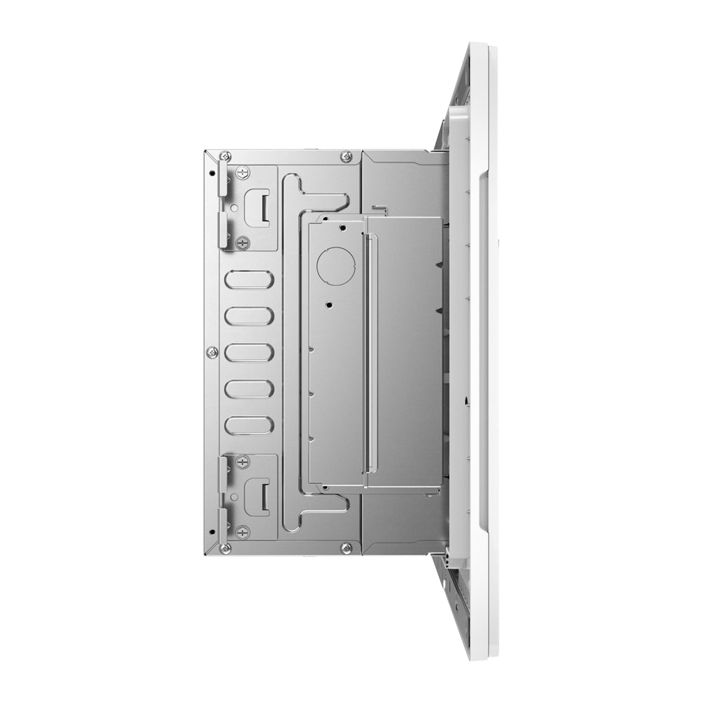 Ceiling cassette indoor unit open side panel showing internal brackets and wiring channels