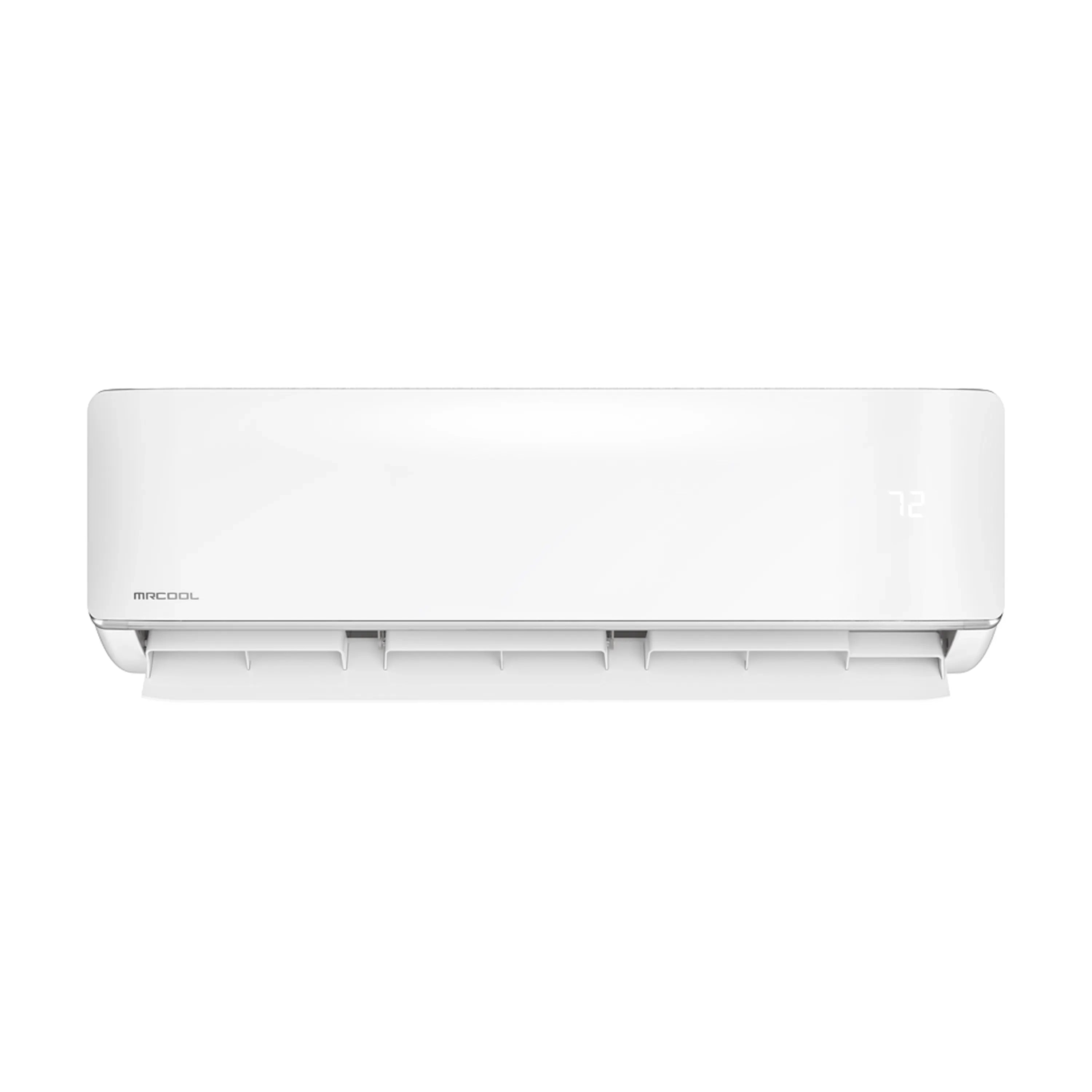 White mini split air handler indoor unit with front grille and top control panel