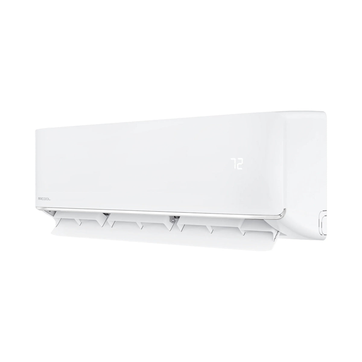 White wall-mounted indoor air conditioner unit with right-side outlet and louvers