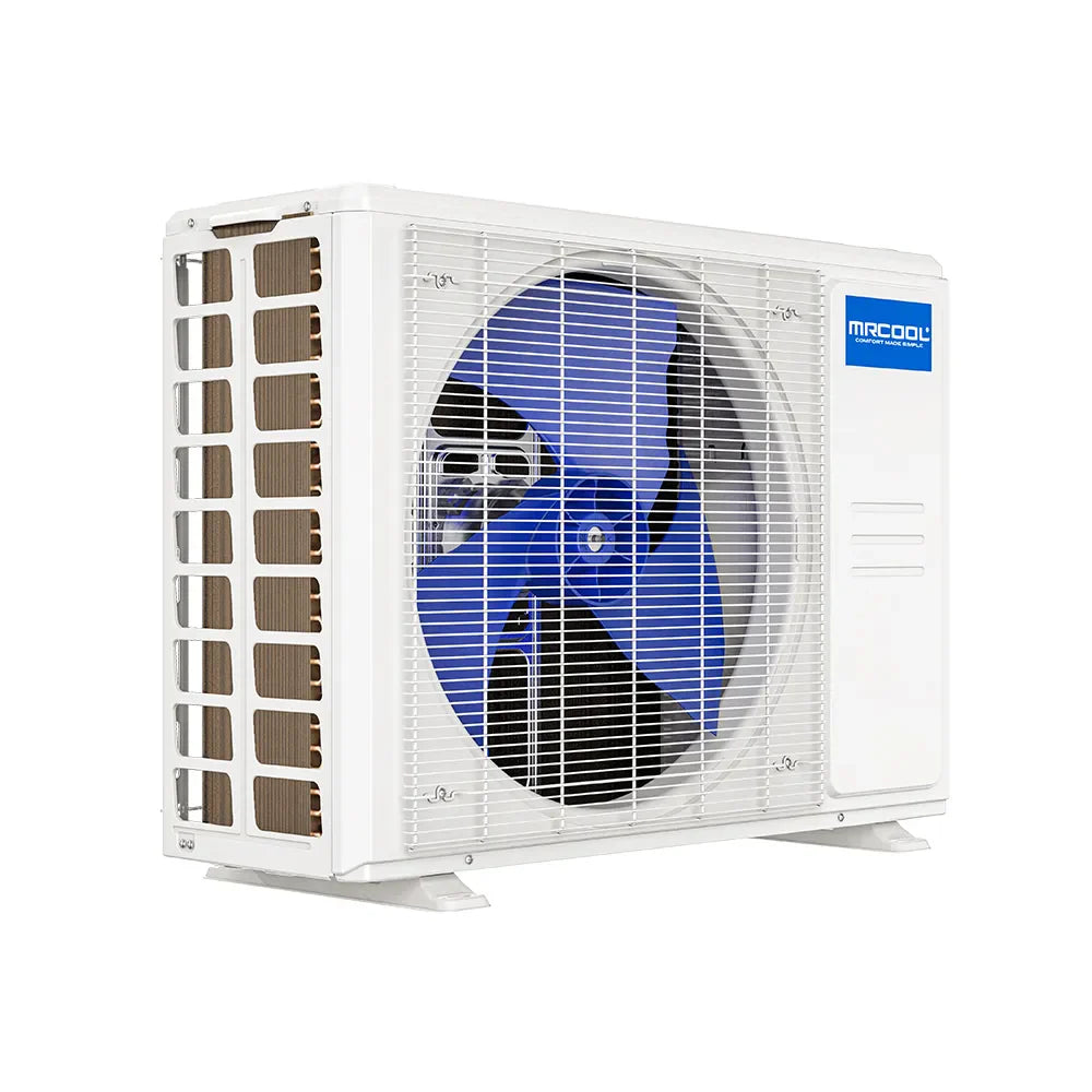 White outdoor AC condenser with front fan grille and raised corner frame