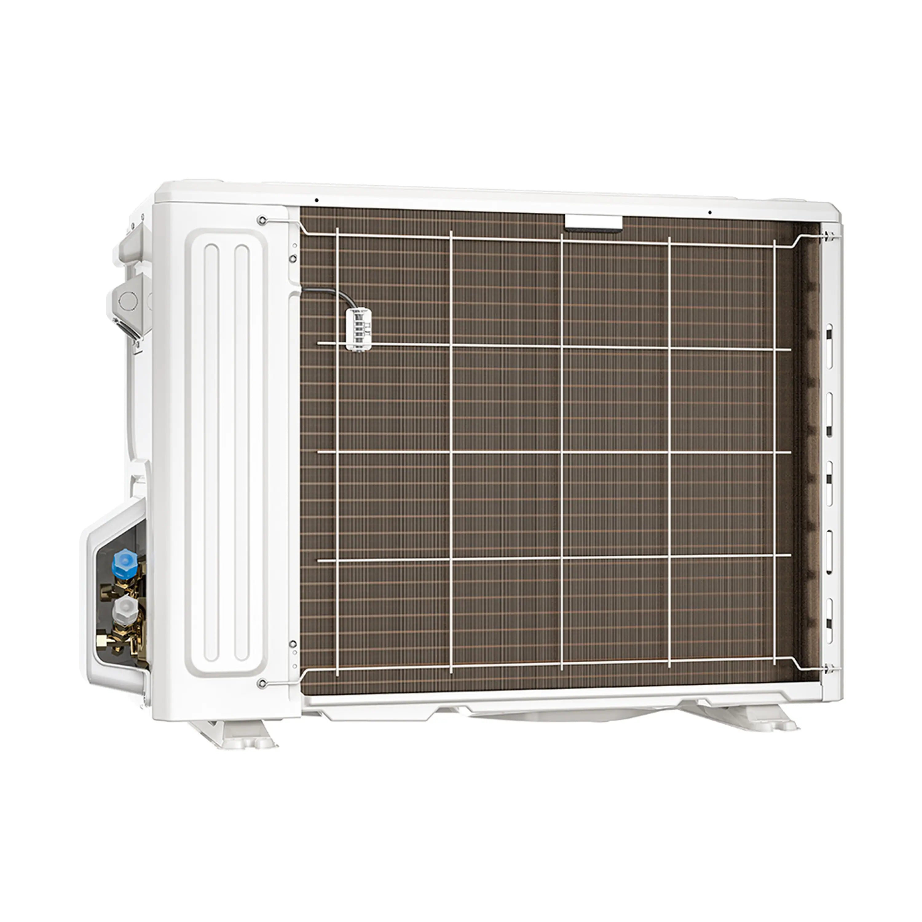 Side view of white outdoor condenser unit with exposed coil grille