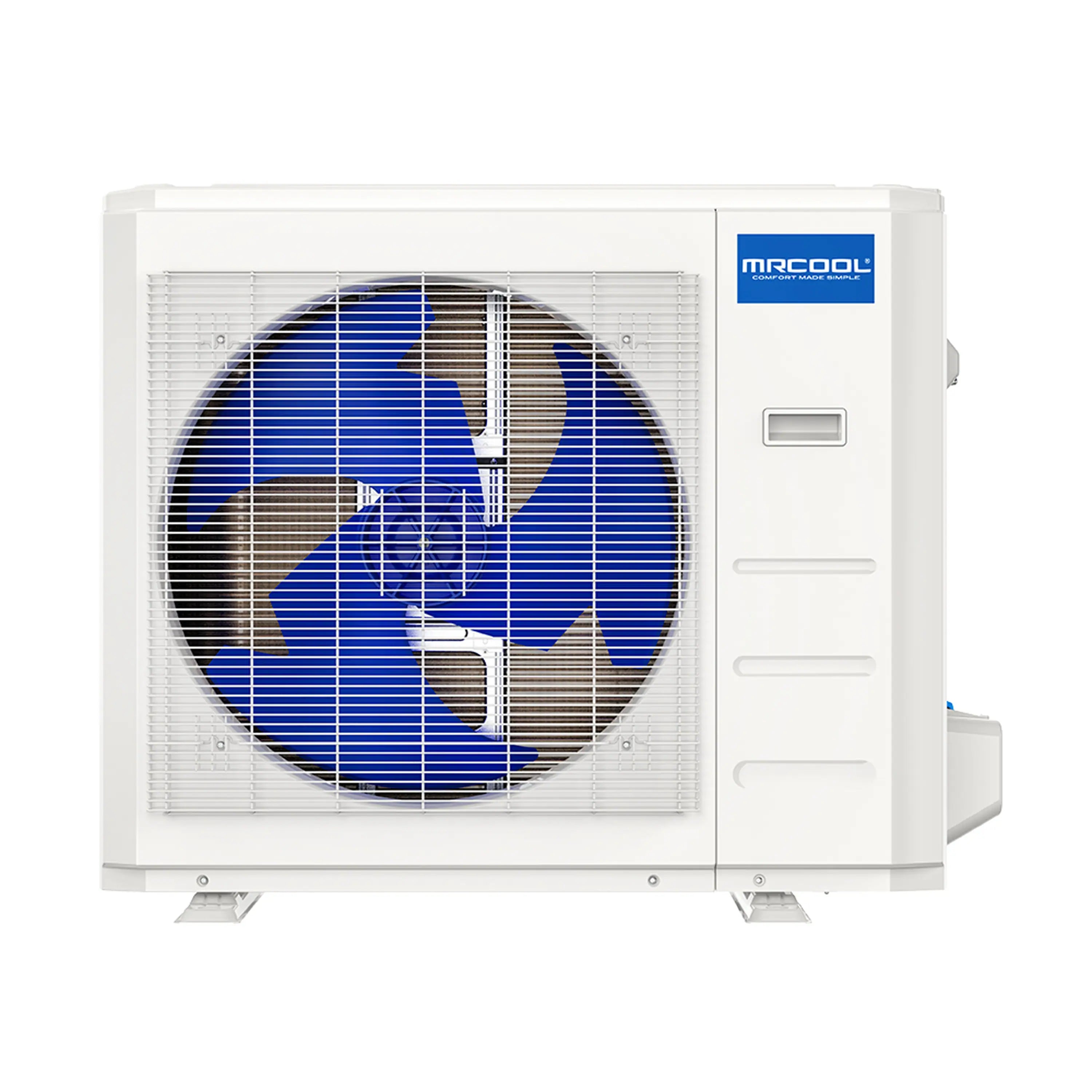 White outdoor condenser unit with fan grille and MRCOOL logo label