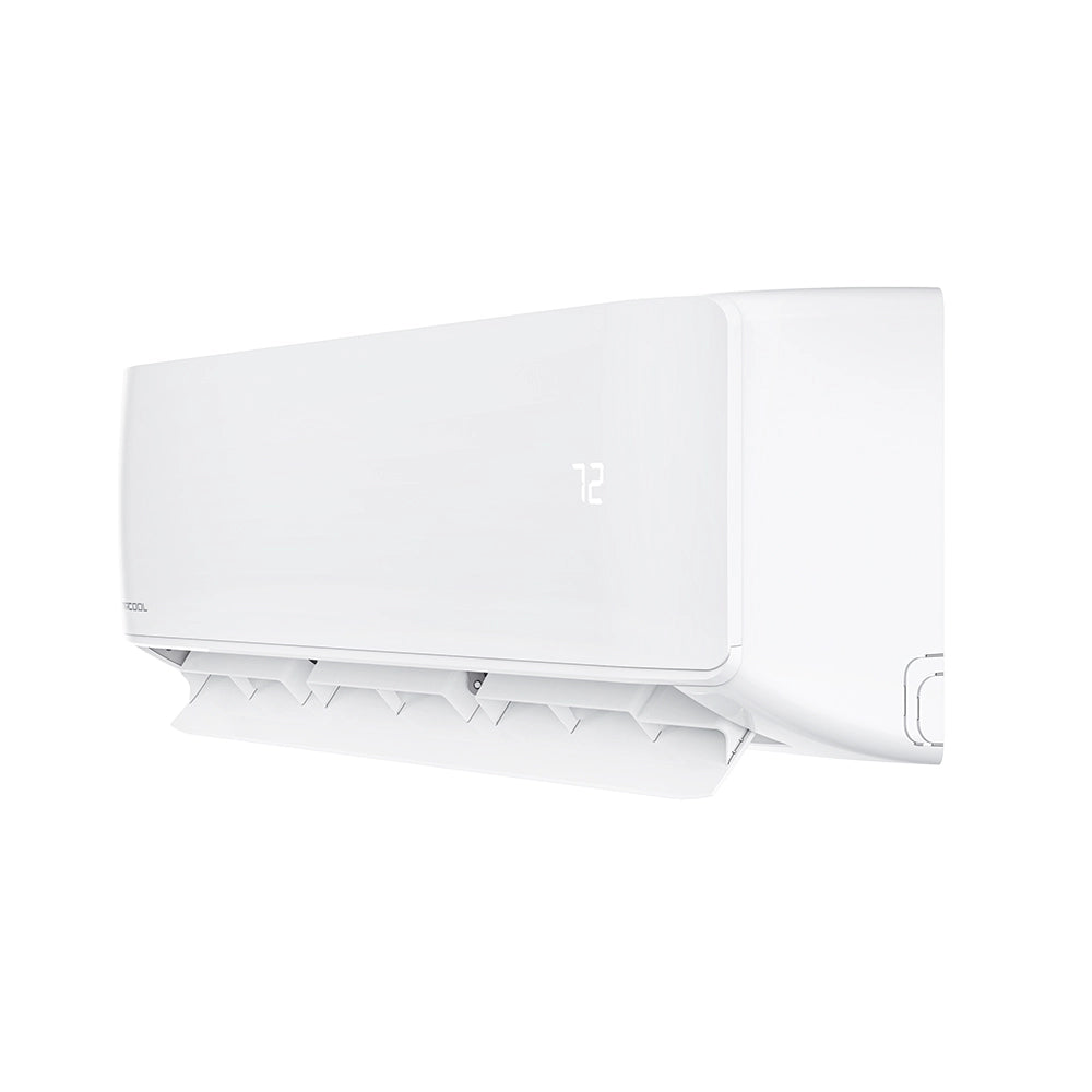 MRCOOL wall-mounted ductless air handler, angled side view with louvers and panel seams