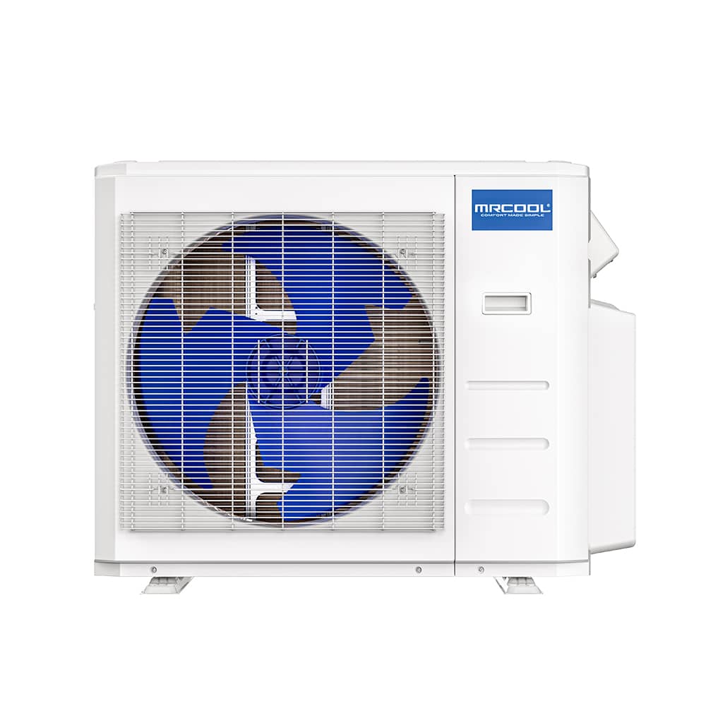 White ductless heat pump condenser with front fan grille and MRCOOL logo