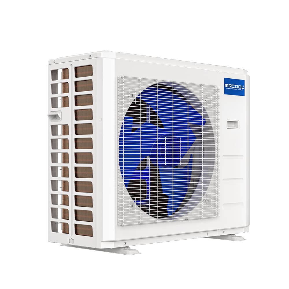 White ductless heat pump condenser side view with fan and brown fin coil
