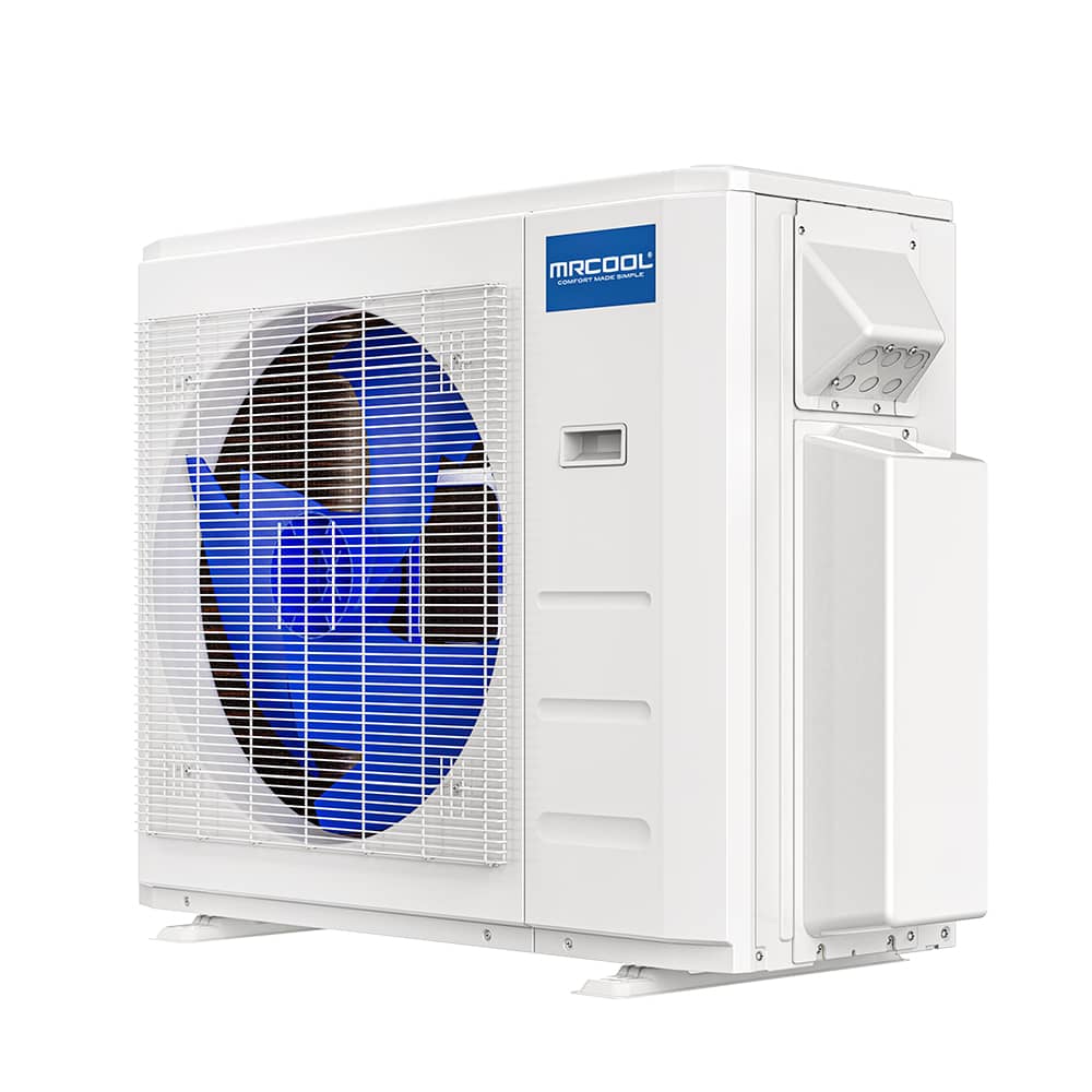 White ductless heat pump condenser with front fan and open wiring access panel