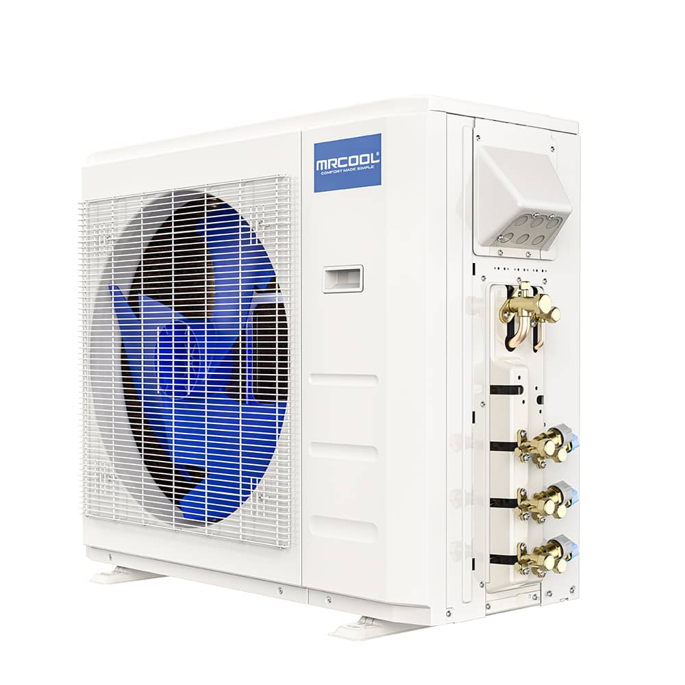 White ductless heat pump condenser with open ports panel and MRCOOL logo