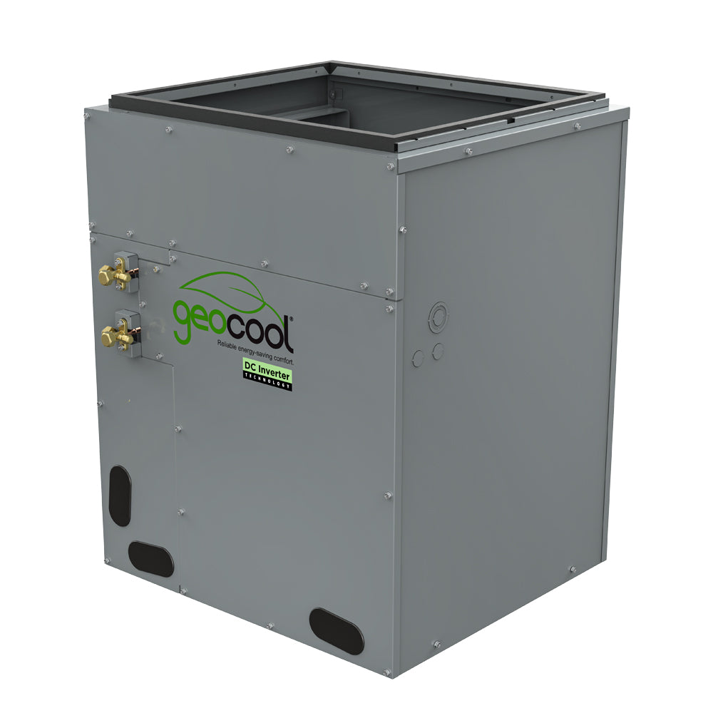 Gray outdoor heat pump unit with GeoCool logo and side service valves
