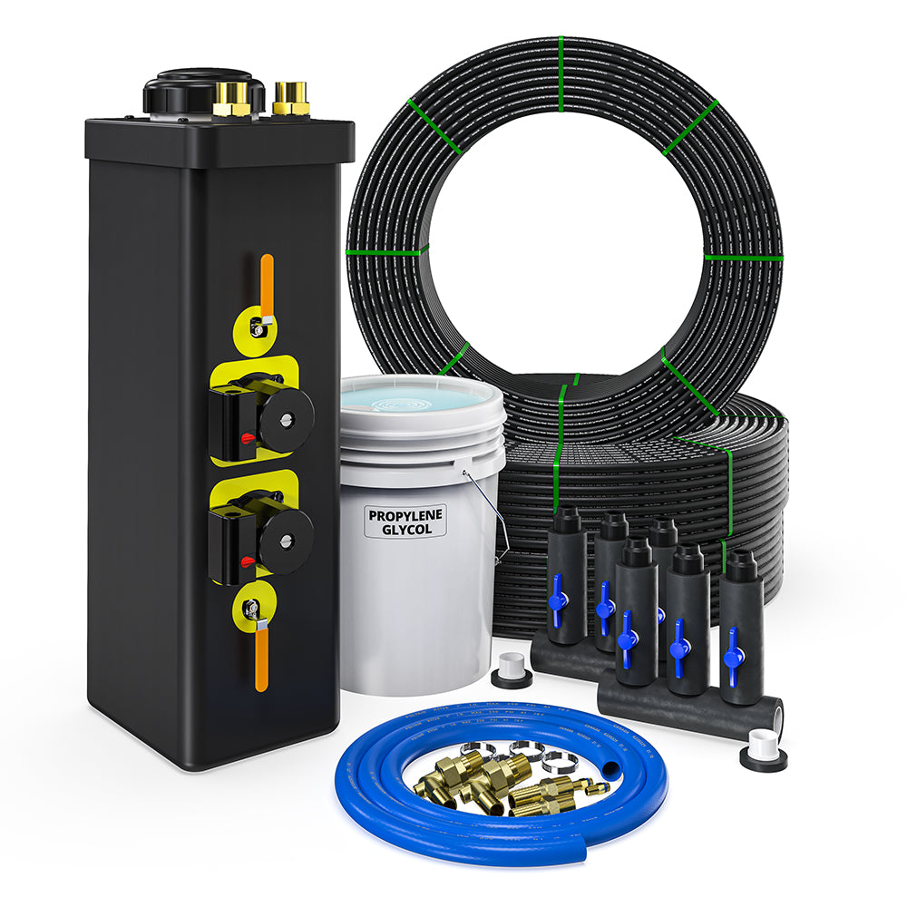 Closed-loop HVAC installation kit with black manifold unit, coiled tubing, fittings