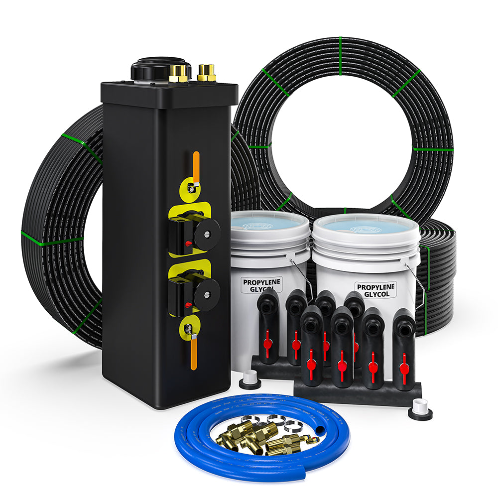 MRCOOL closed-loop installation kit with black manifold, tubing coils, fittings and valves