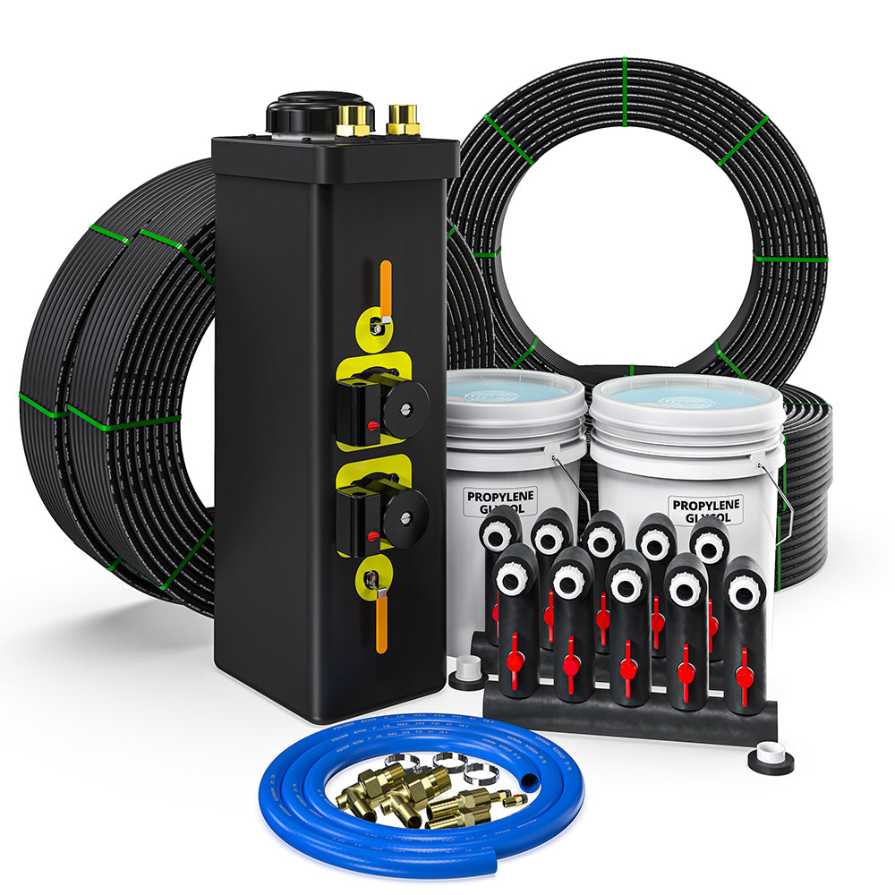 Closed-loop installation kit with black controller box, coiled tubing, gauges, buckets, blue hose