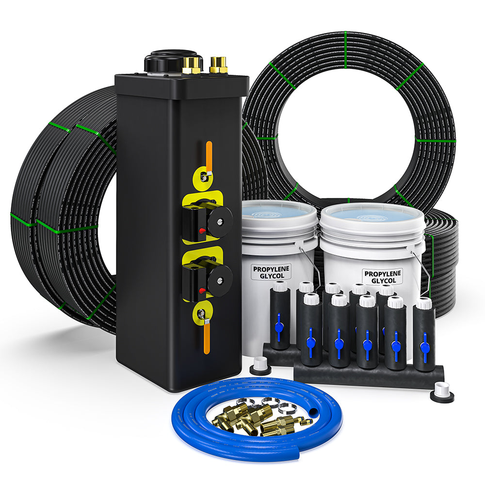 Closed loop installation kit with control box, coiled tubing, propylene glycol canisters, fittings